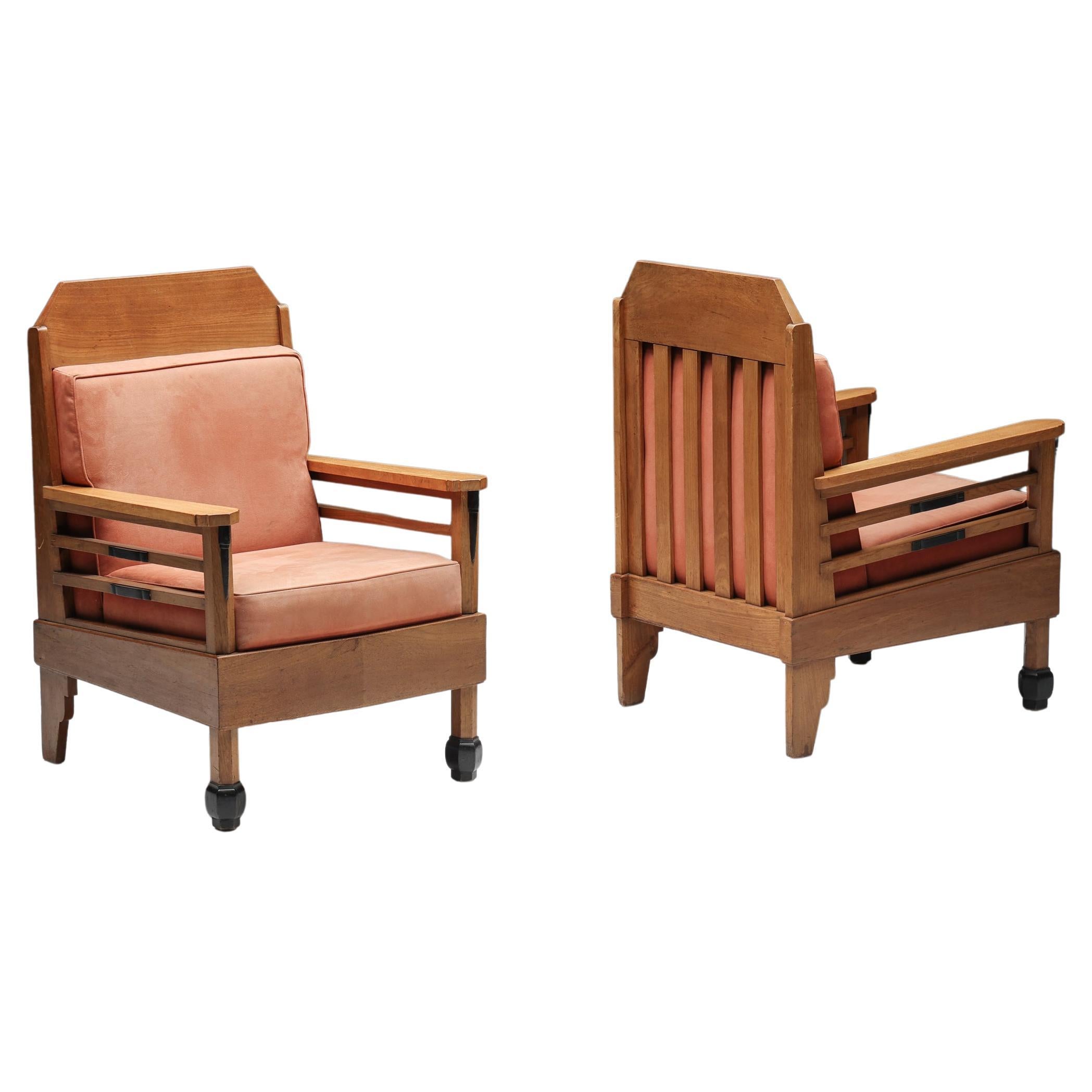 Pair of Art Deco Club Chairs, Pine & Leather, Europe, 1960s For Sale