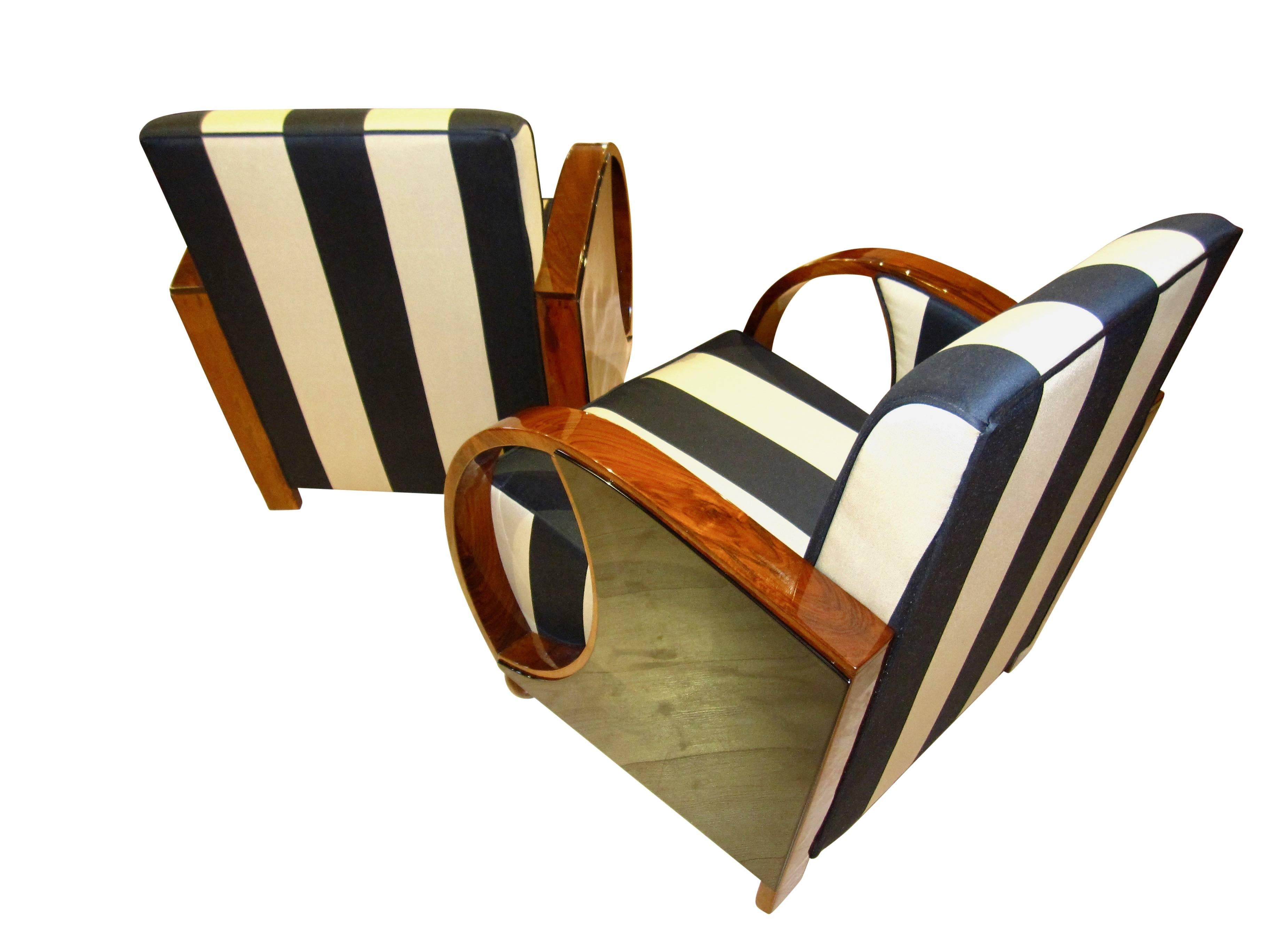 French Pair of Art Deco Club Chairs, Walnut and Ebonized, France circa 1930