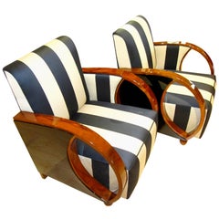 Vintage Pair of Art Deco Club Chairs, Walnut and Ebonized, France circa 1930