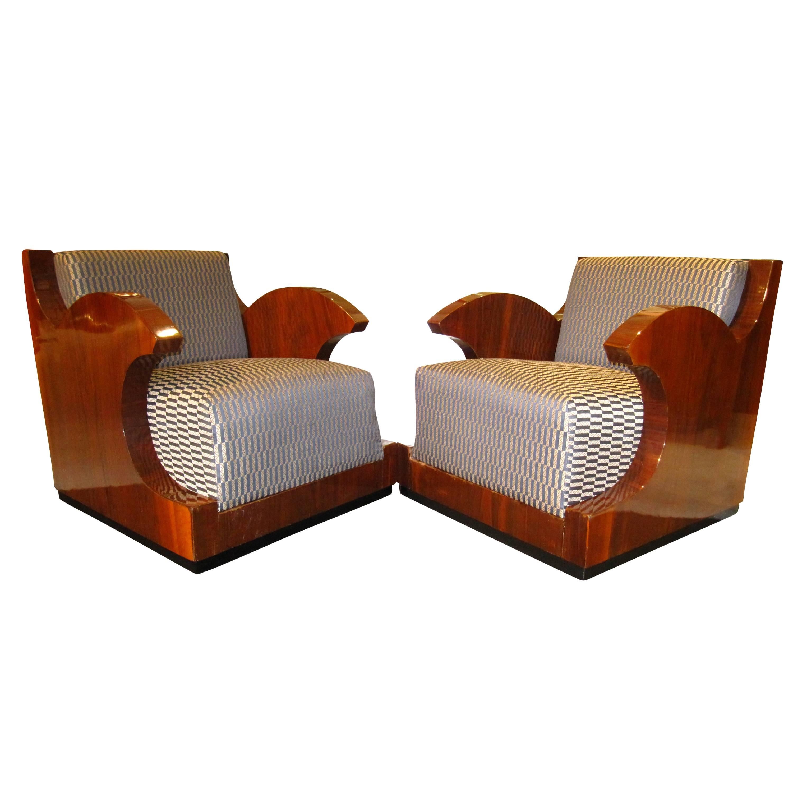 Pair of Art Deco Club Chairs, Walnut Veneer, Southern France circa 1925