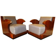 Pair of Art Deco Club Chairs, Walnut Veneer, Southern France, circa 1925