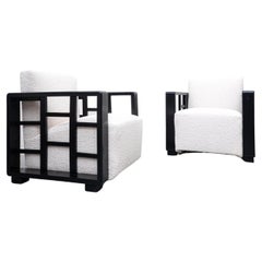 Pair of Art Deco Club Chairs, White Fabric and Black Wood
