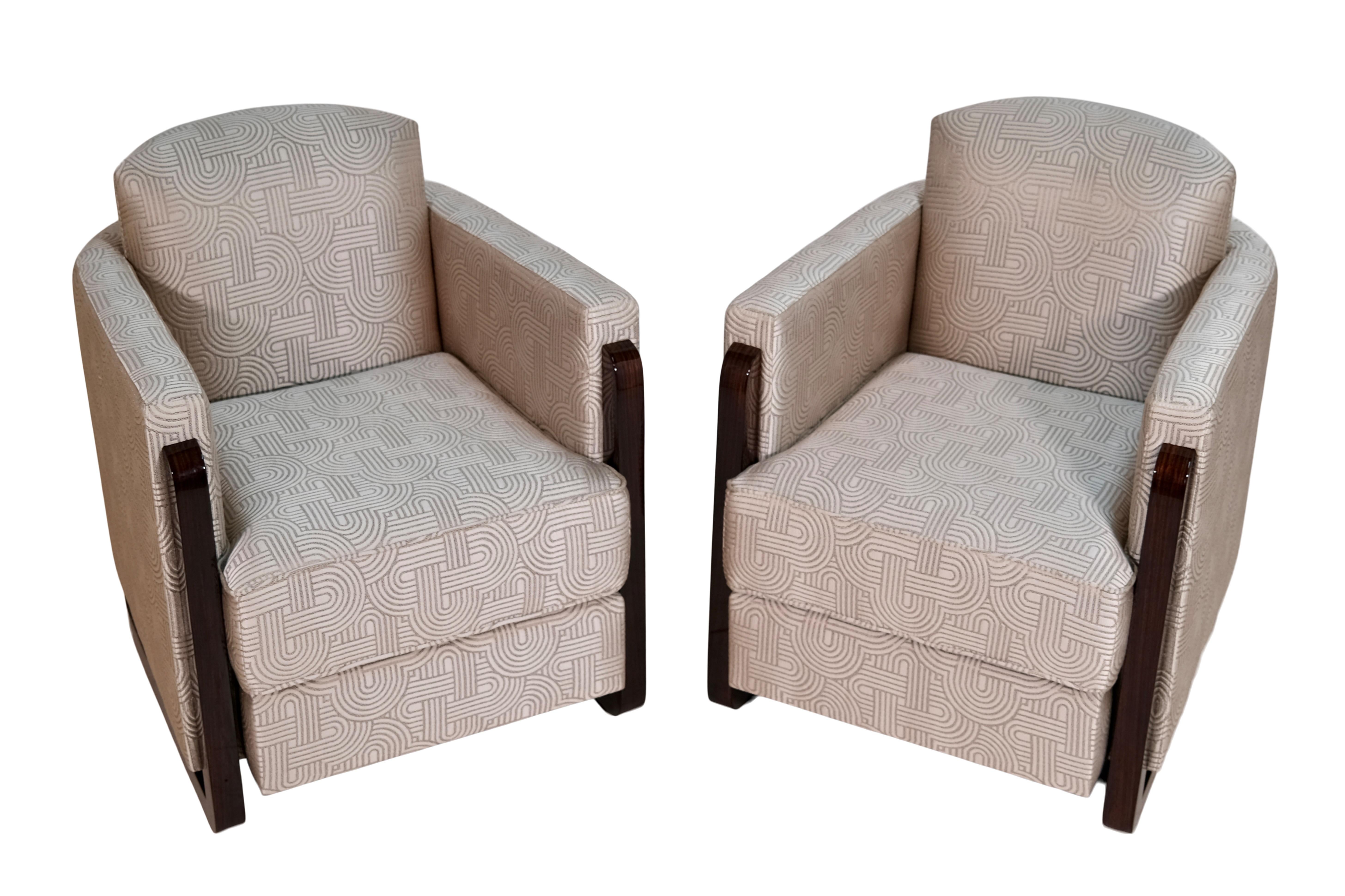 French Pair of Art Deco Club Chairs with Art Deco Pattern Fabric For Sale