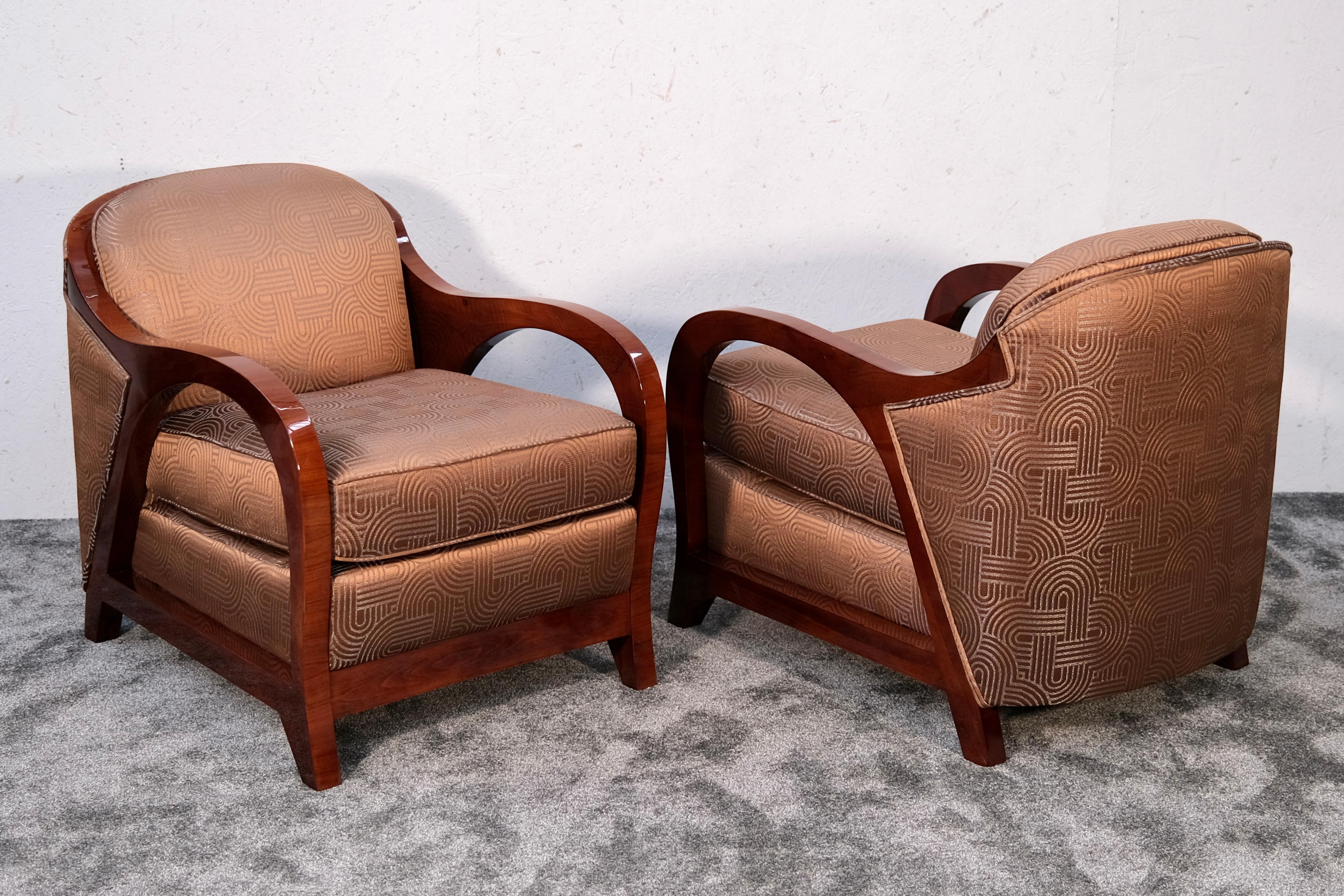 Lacquered Pair of Art Deco Club Chairs with Art Deco Pattern Fabric, France 1930s For Sale