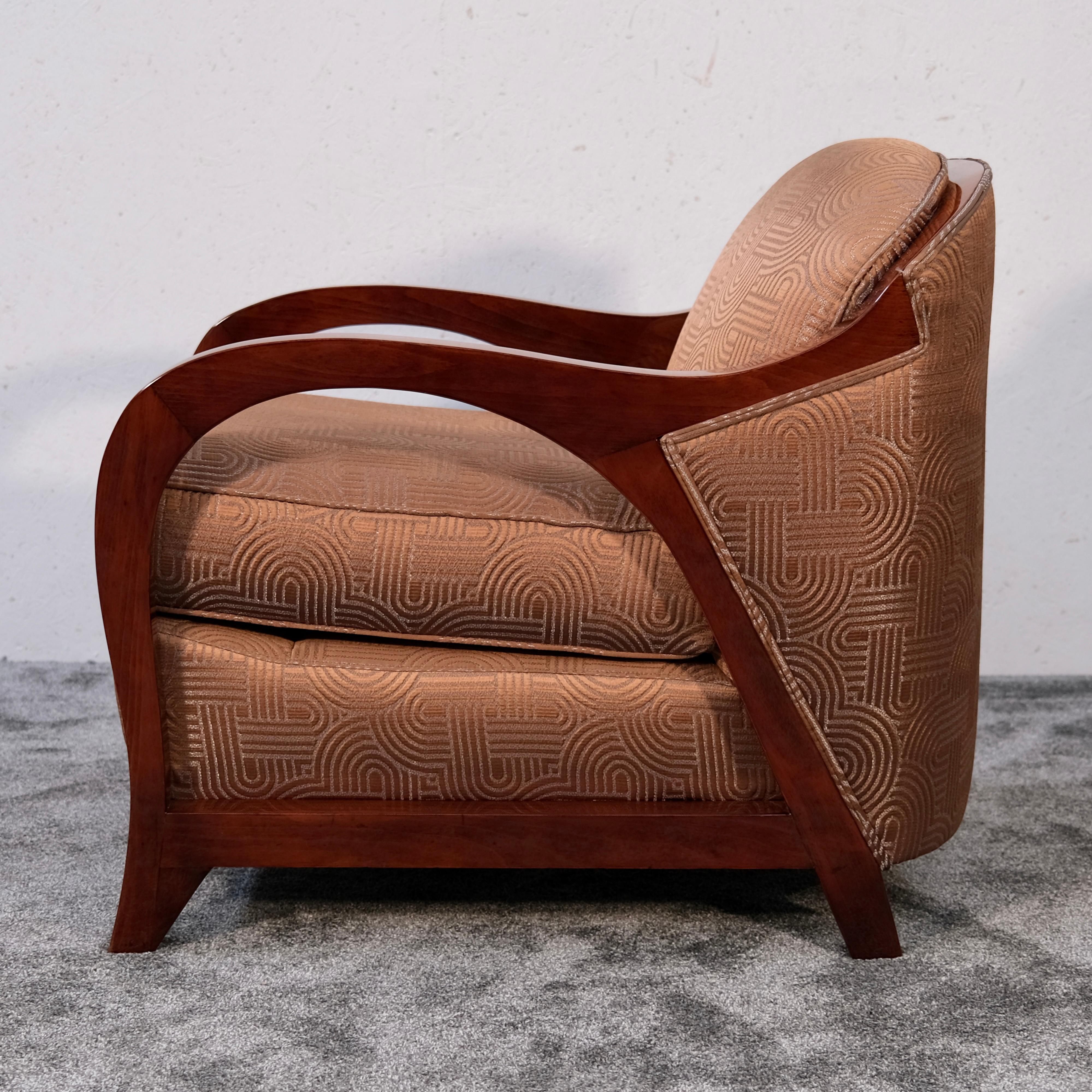 Pair of Art Deco Club Chairs with Art Deco Pattern Fabric, France 1930s For Sale 1