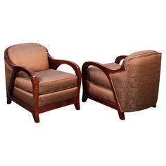 Pair of Art Deco Club Chairs with Art Deco Pattern Fabric, France 1930s