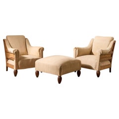 Pair of Art Deco club chairs with matching stool