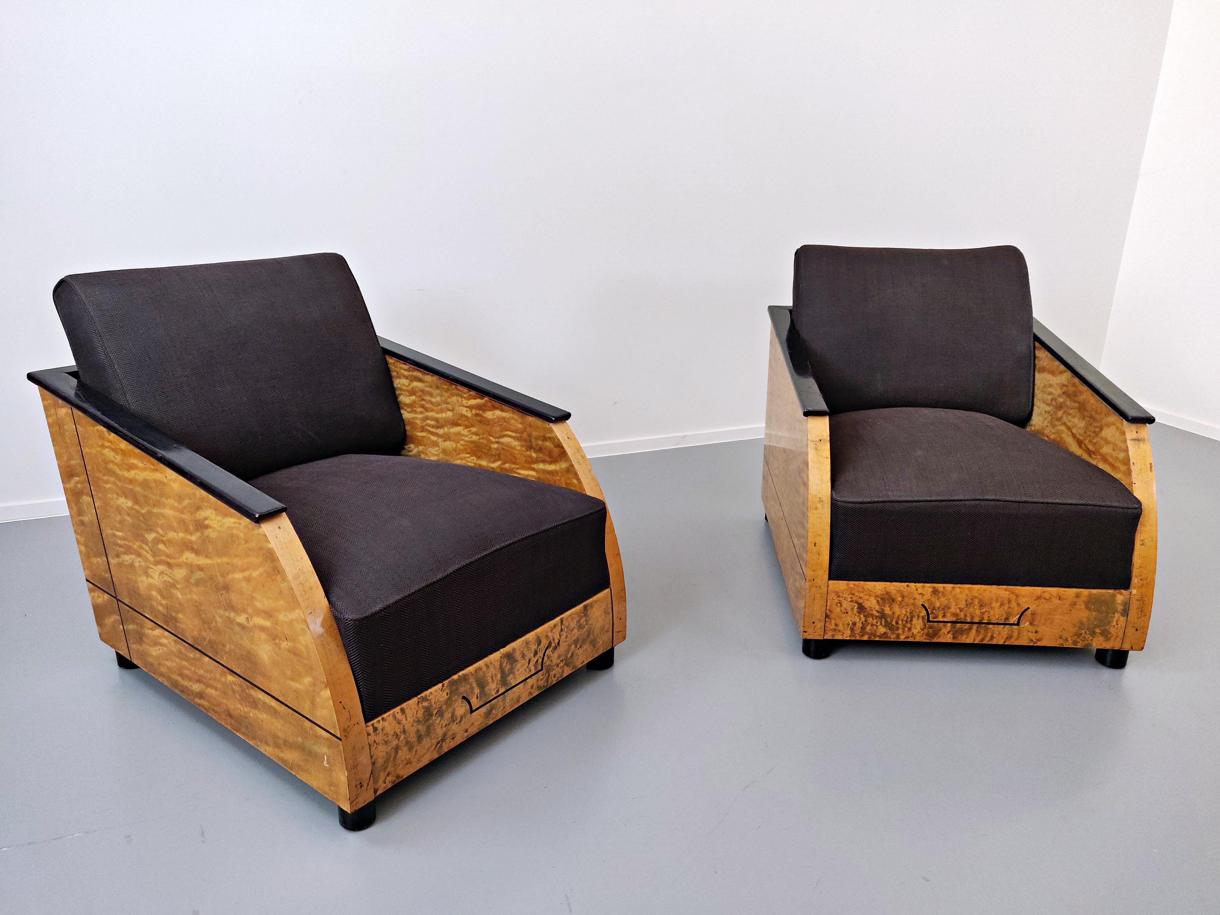 Belgian Pair of Art Deco Club in Polished Burr Wood For Sale