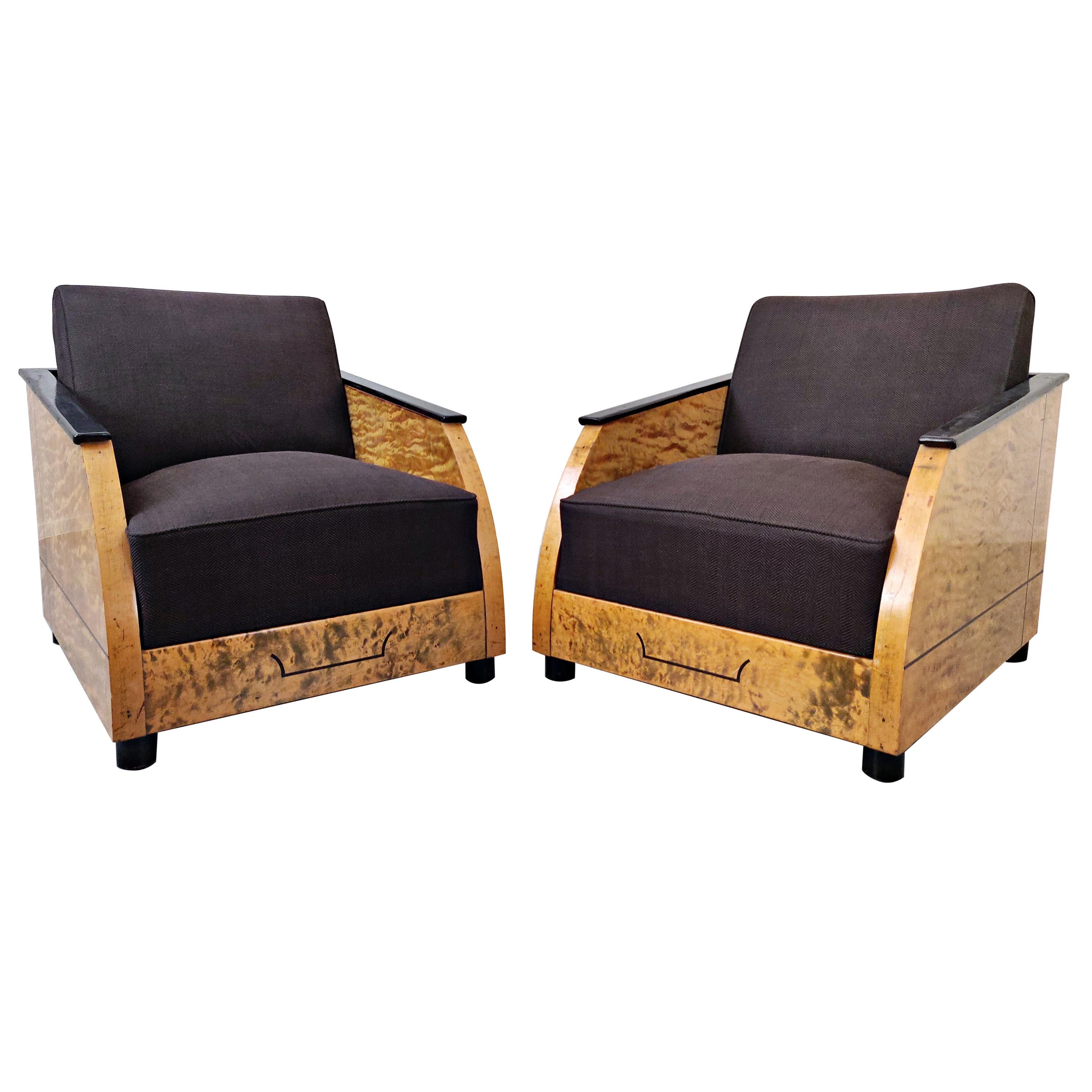 Pair of Art Deco Club in Polished Burr Wood For Sale