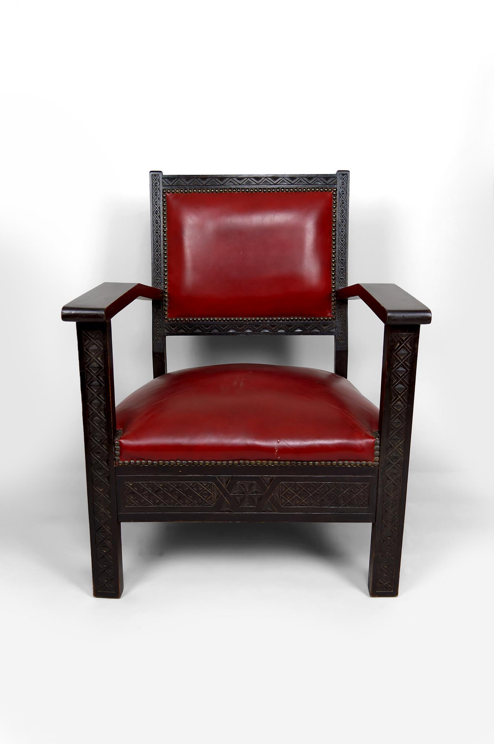 Pair of Art Deco Colonial Armchairs in Carved Wood, French Algeria, Circa 1930 For Sale 4