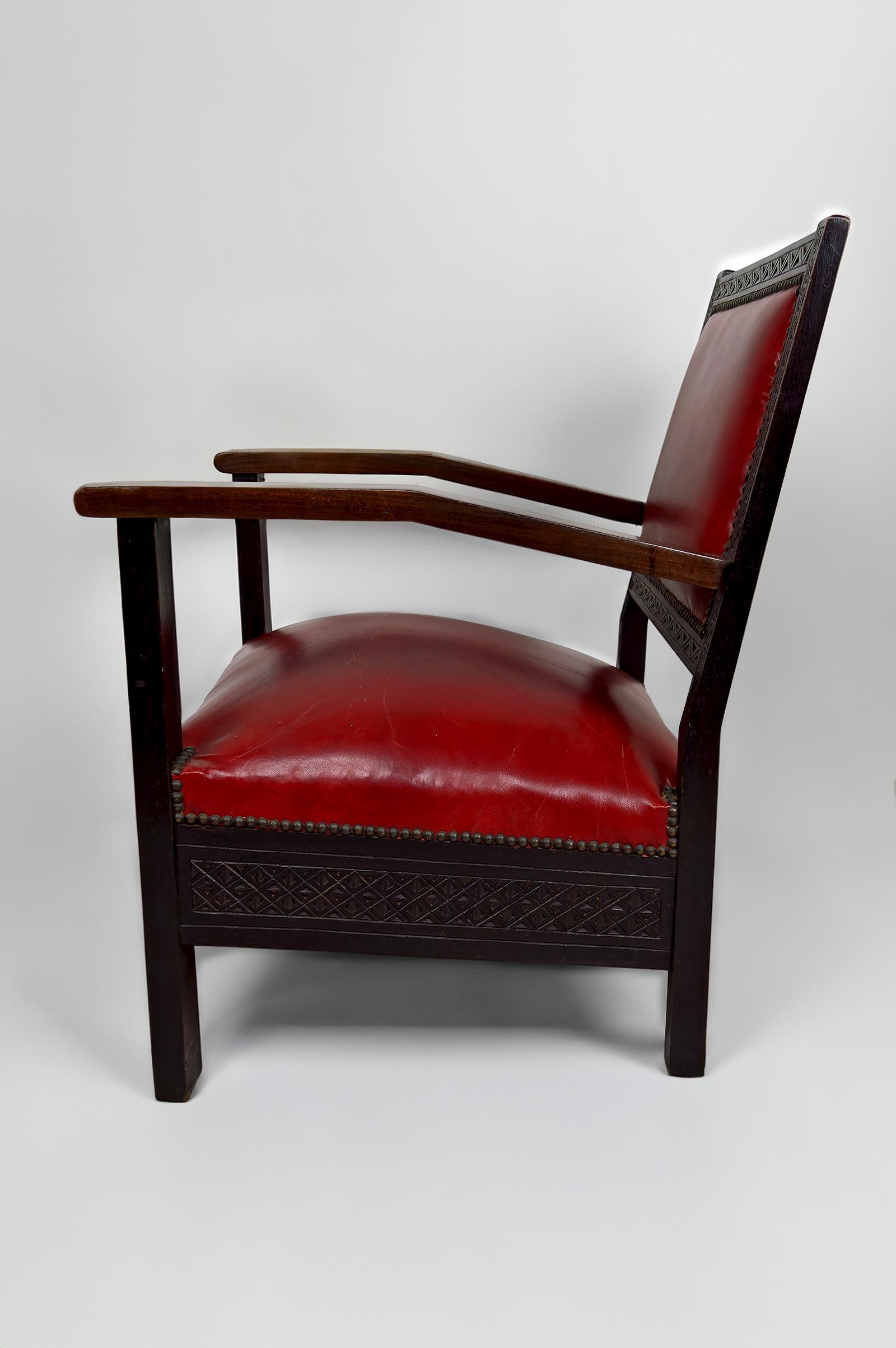 Mid-20th Century Pair of Art Deco Colonial Armchairs in Carved Wood, French Algeria, Circa 1930 For Sale
