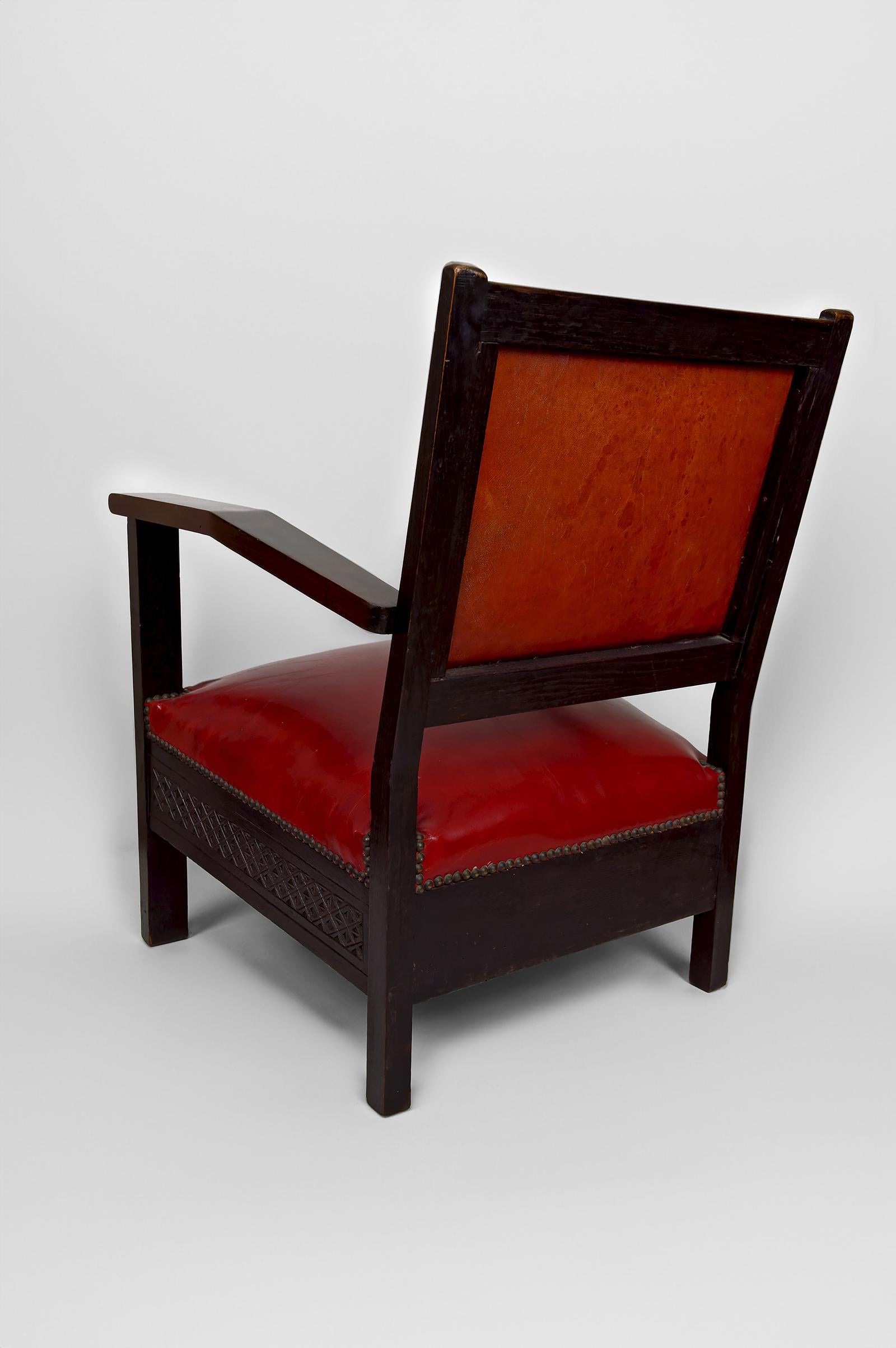 Leather Pair of Art Deco Colonial Armchairs in Carved Wood, French Algeria, Circa 1930 For Sale