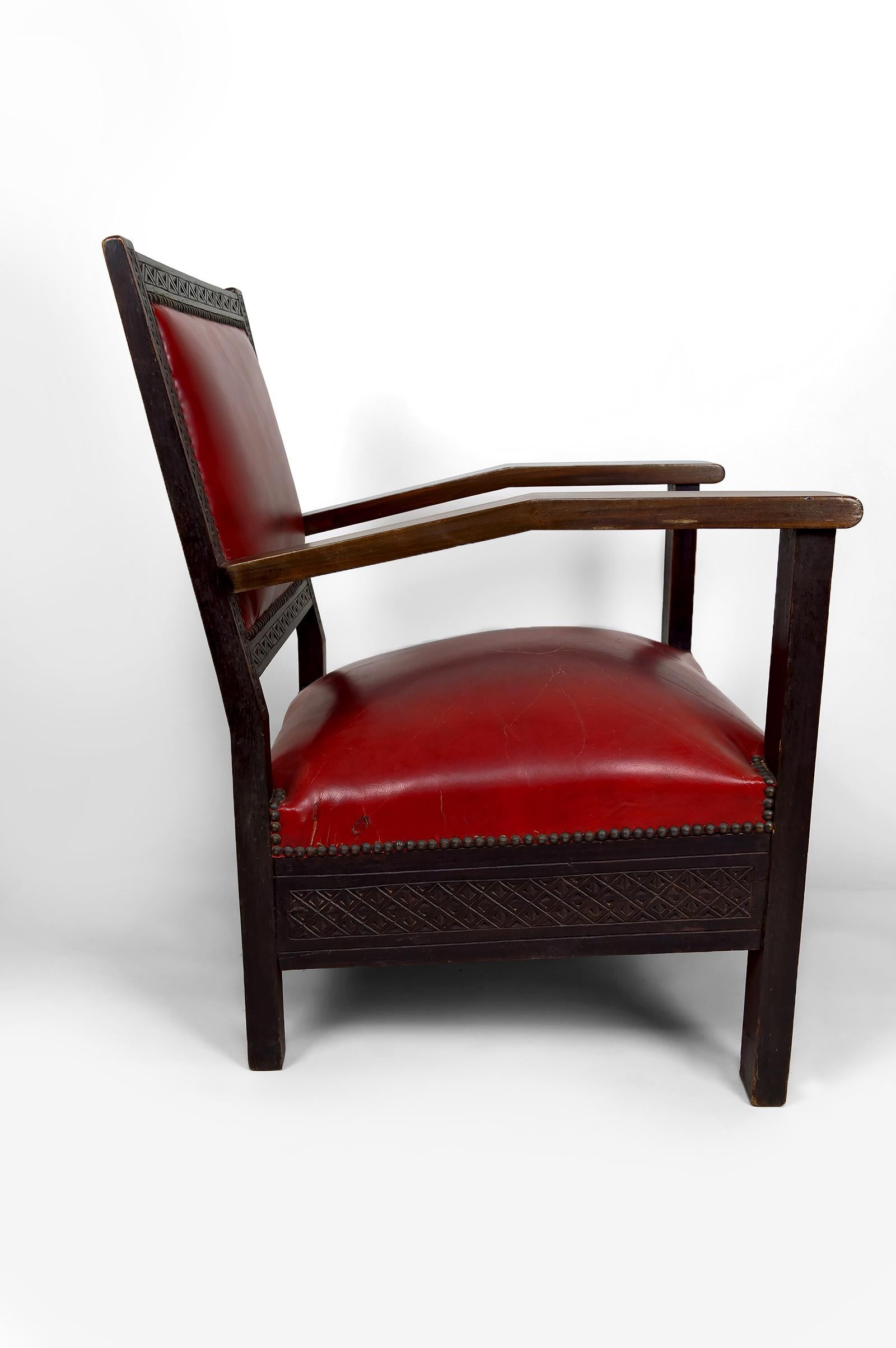 Pair of Art Deco Colonial Armchairs in Carved Wood, French Algeria, Circa 1930 For Sale 2