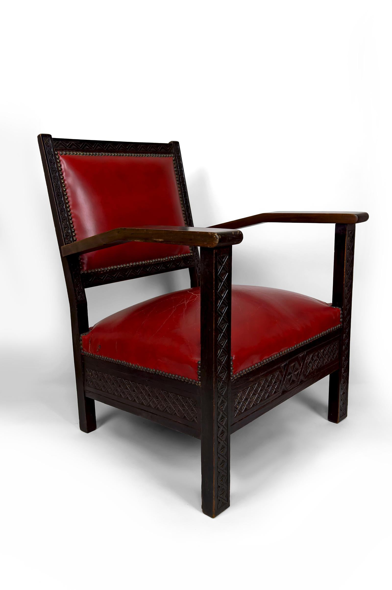 Pair of Art Deco Colonial Armchairs in Carved Wood, French Algeria, Circa 1930 For Sale 3