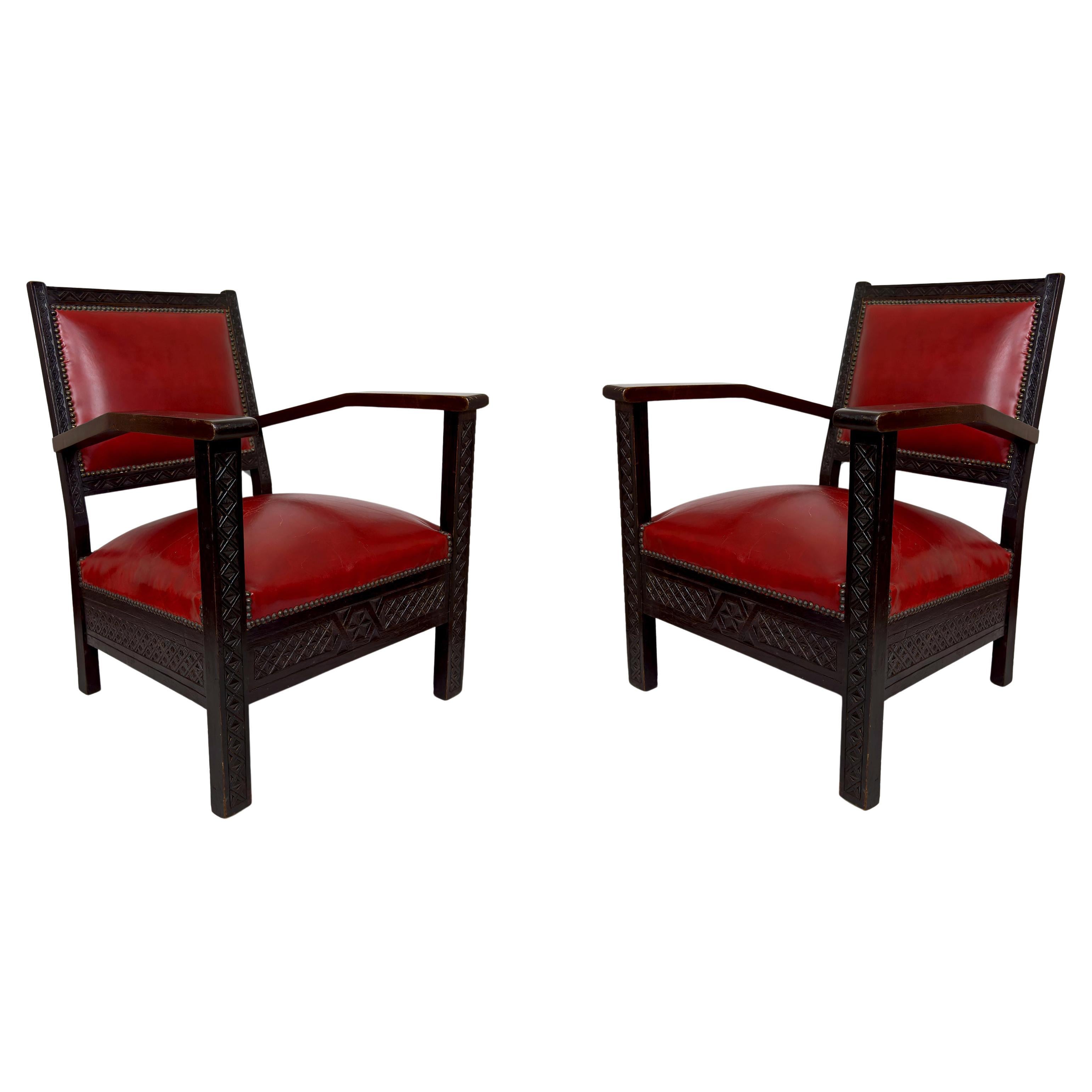 Pair of Art Deco Colonial Armchairs in Carved Wood, French Algeria, Circa 1930 For Sale