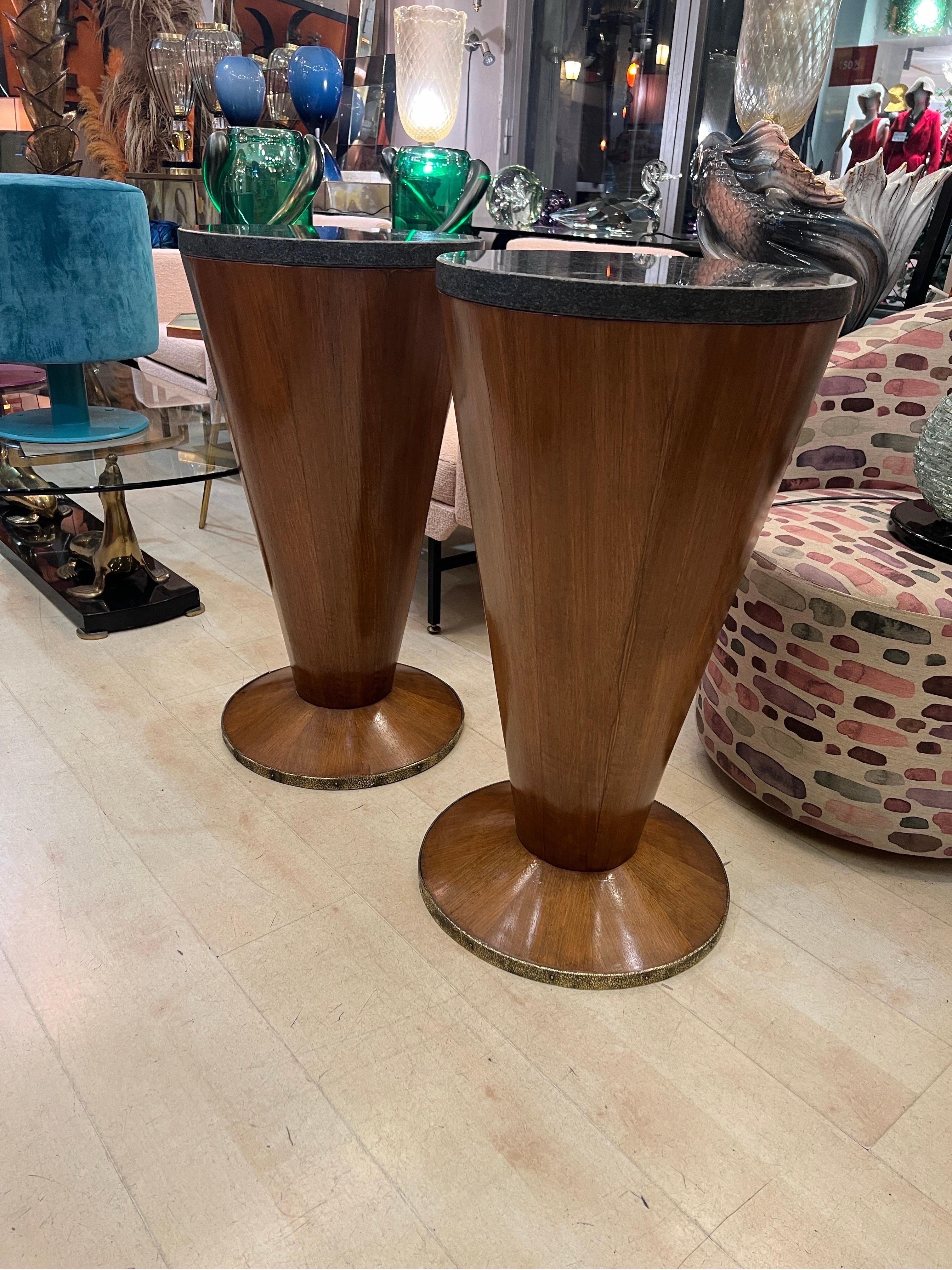 Pair of Art Deco Conical Cherry Wood Side Tables with Marble Top 1940s For Sale 7
