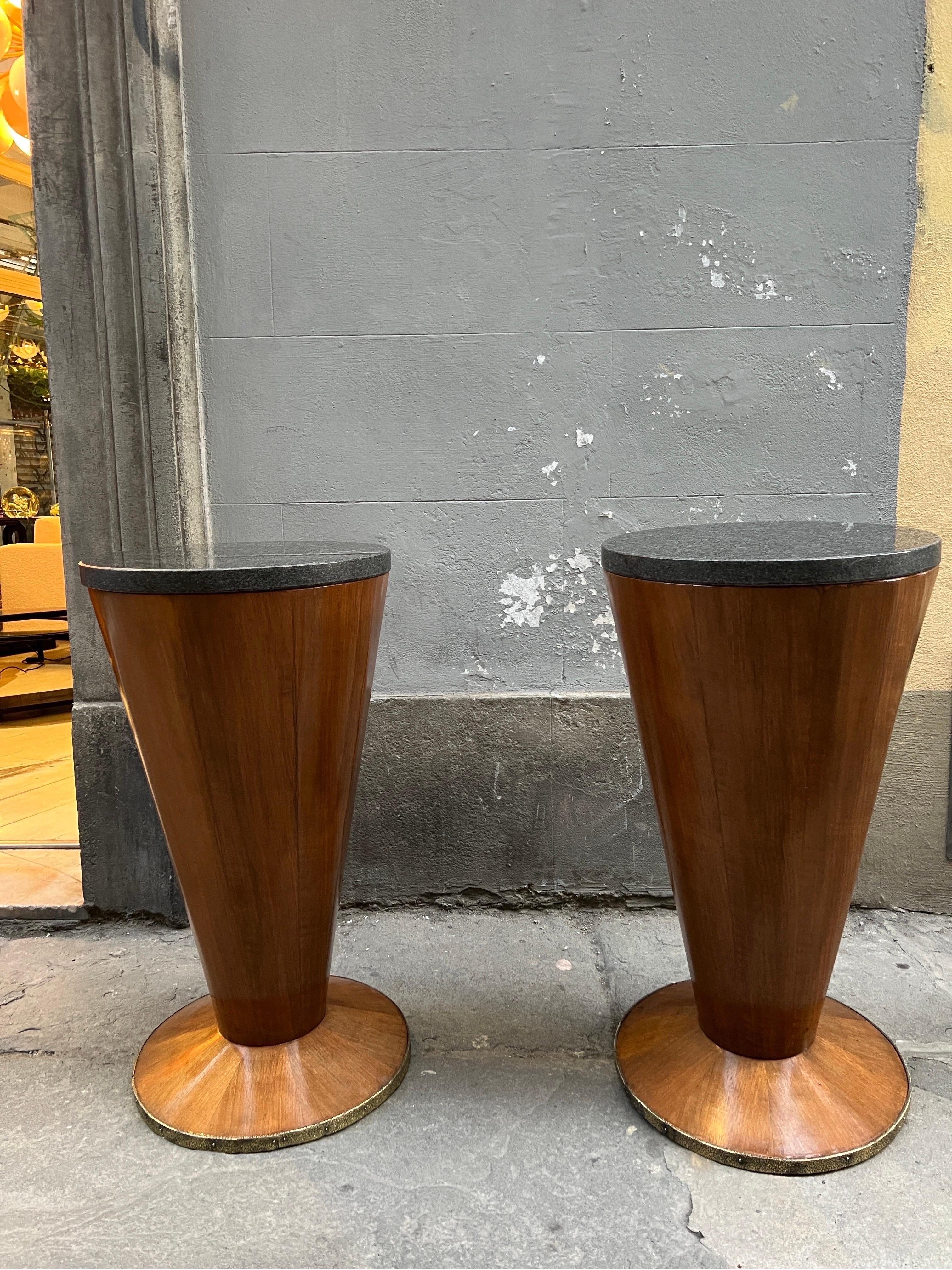 Bronze Pair of Art Deco Conical Cherry Wood Side Tables with Marble Top 1940s For Sale