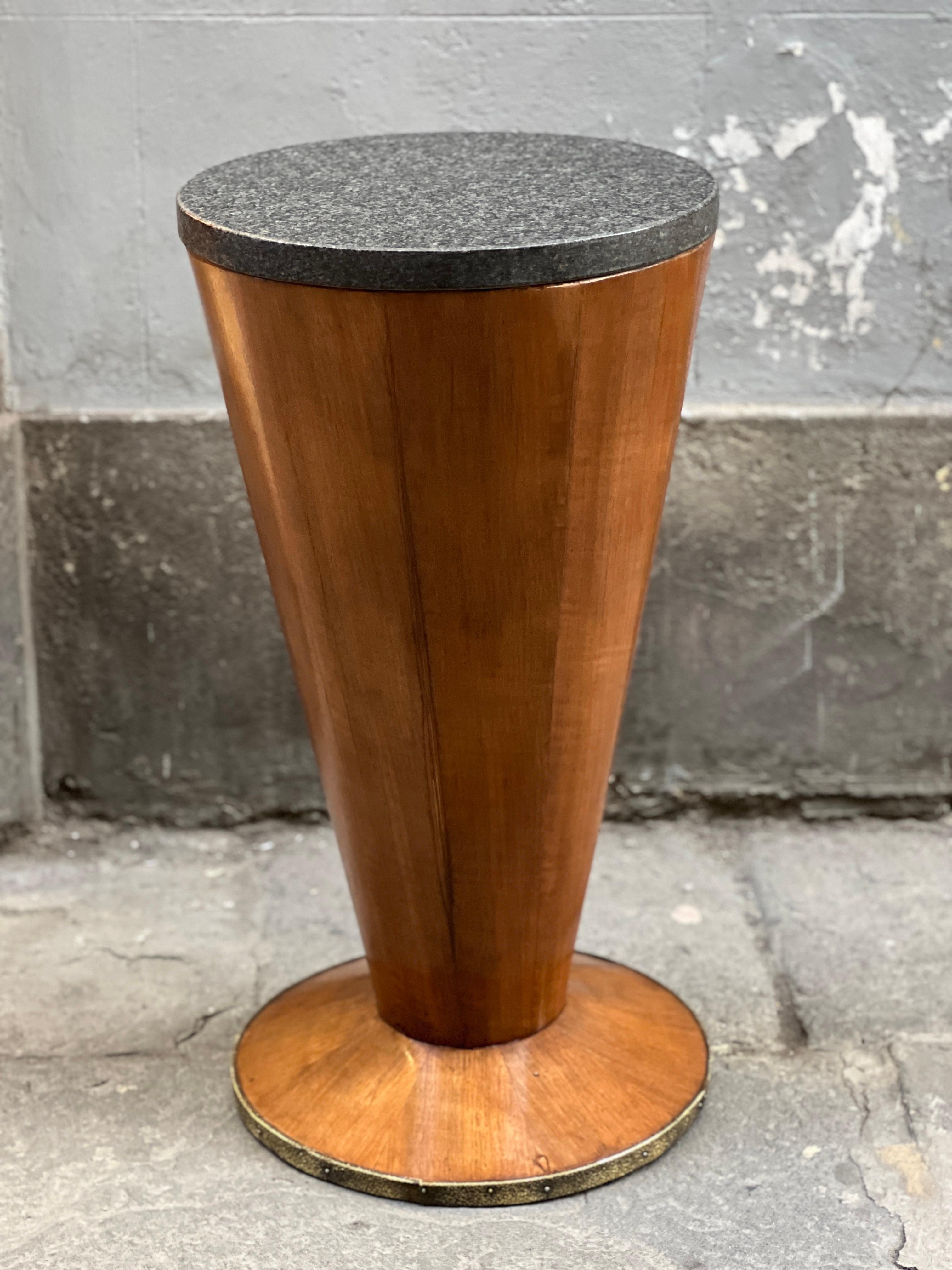 Pair of Art Deco Conical Cherry Wood Side Tables with Marble top.
The round base is enhanced in expertly chiseled gilded bronze.