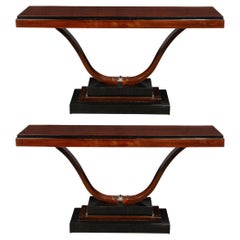 Pair of Art Deco Console Tables in Walnut & Black Lacquer 'France, circa 1935'
