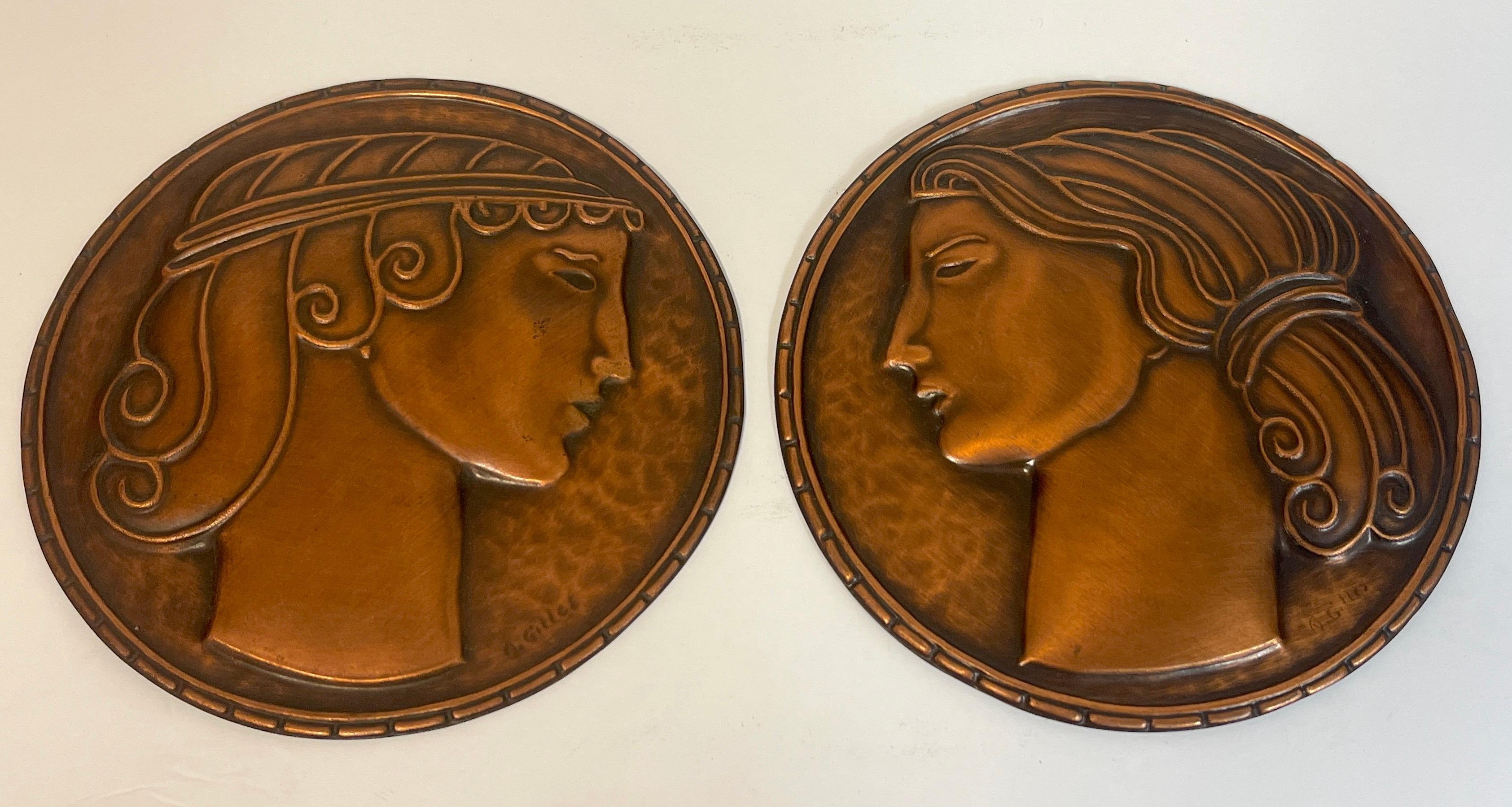 Pair of Art Deco copper portrait plaques, Signed A.Gilles
By Atelier Albert Gilles, Chateau-Richer, Quebec 
Influences of American Artist, Paul Manship 
Both signed lower right side 'A Giles'.