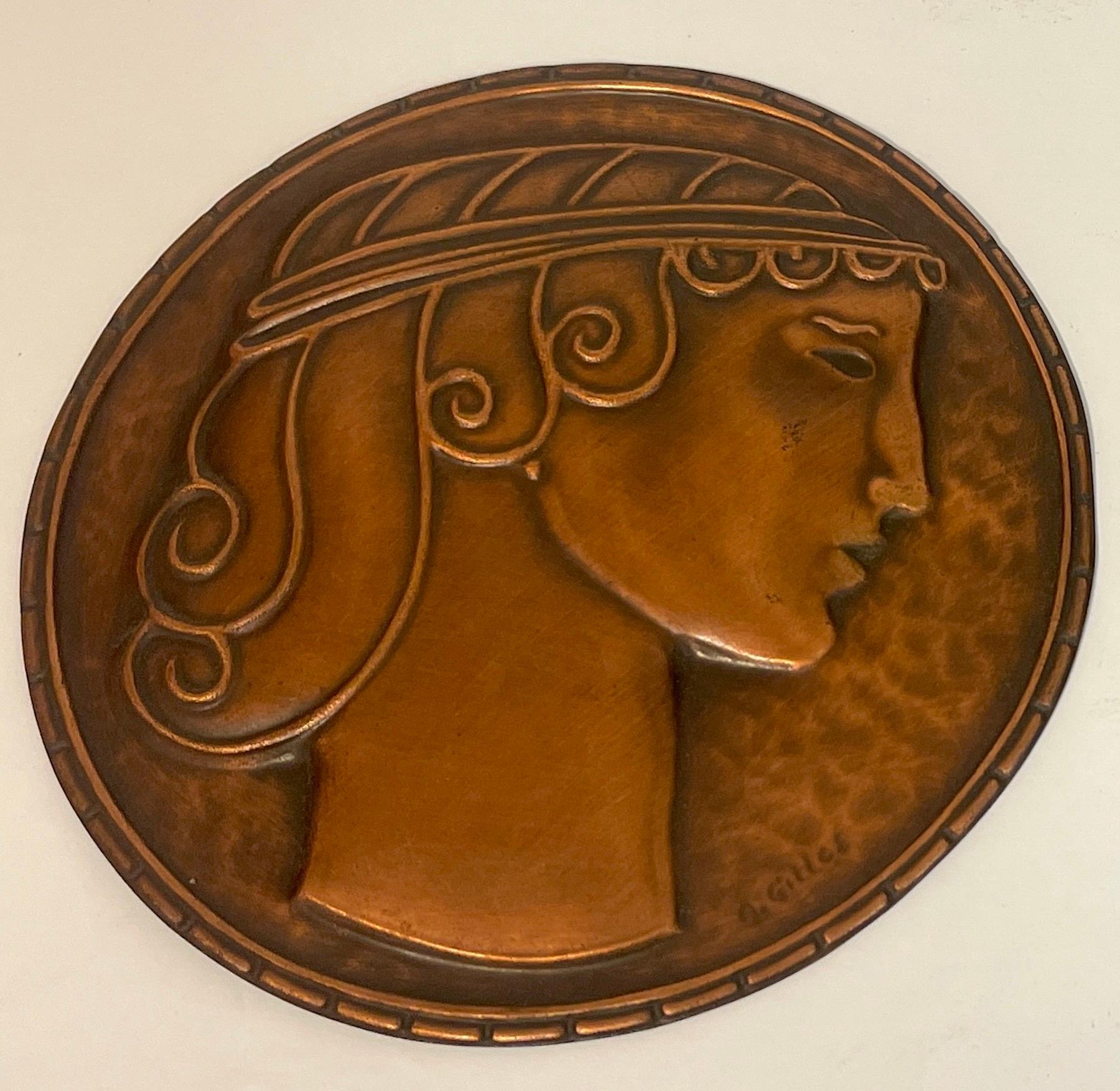 Canadian Pair of Art Deco Copper Portrait Plaques, Signed A.Gilles