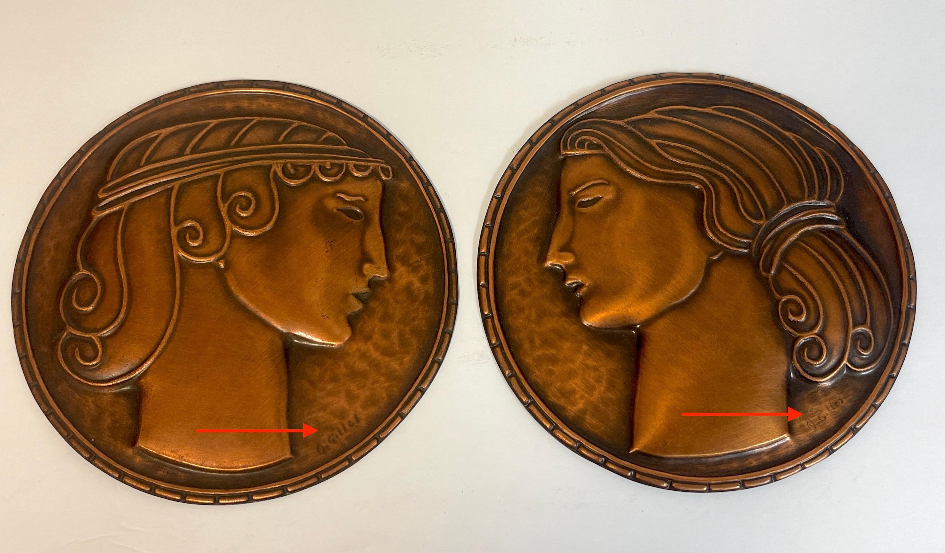 Pair of Art Deco Copper Portrait Plaques, Signed A.Gilles In Good Condition In West Palm Beach, FL