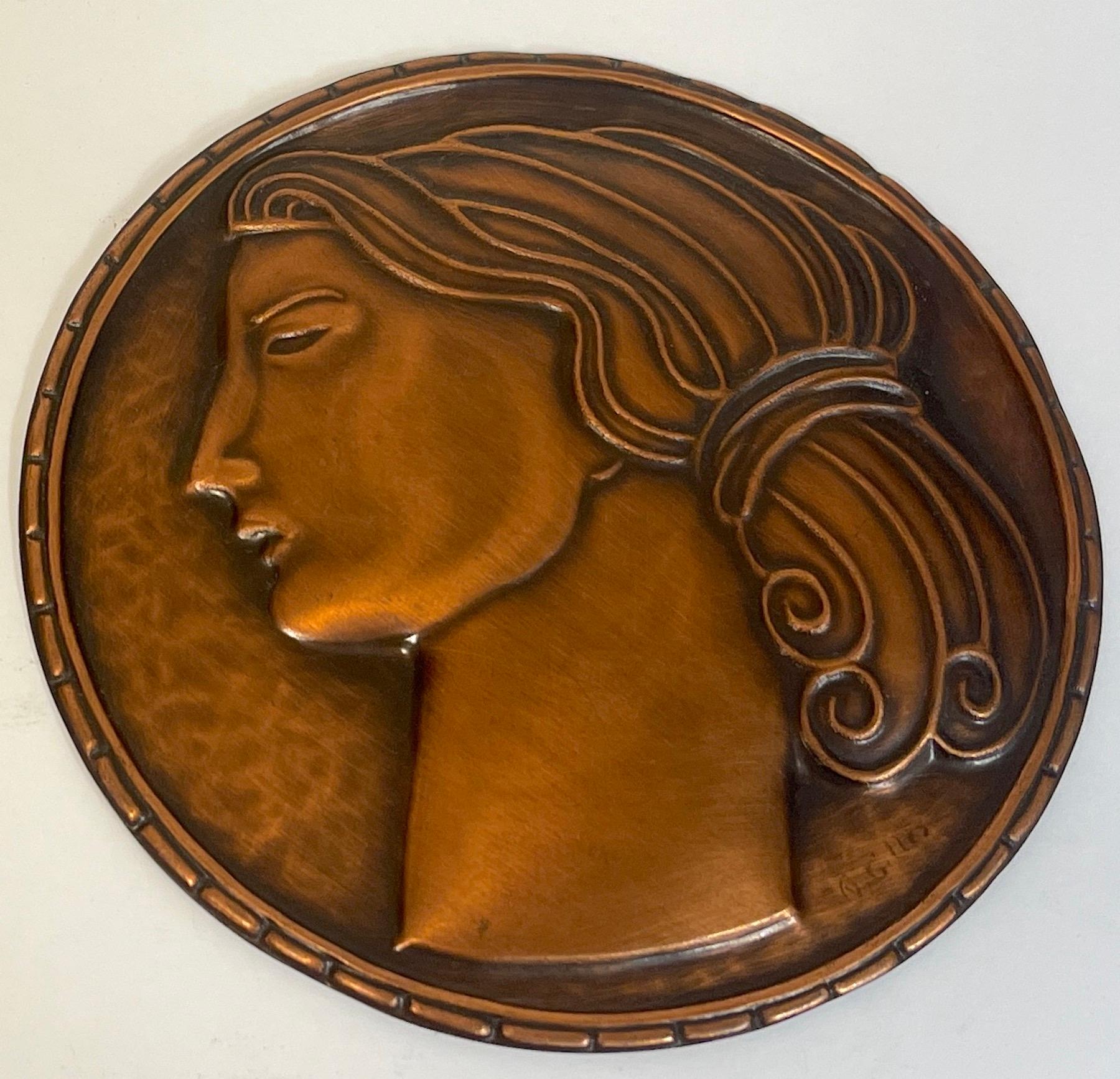20th Century Pair of Art Deco Copper Portrait Plaques, Signed A.Gilles