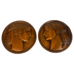 Pair of Art Deco Copper Portrait Plaques, Signed A.Gilles