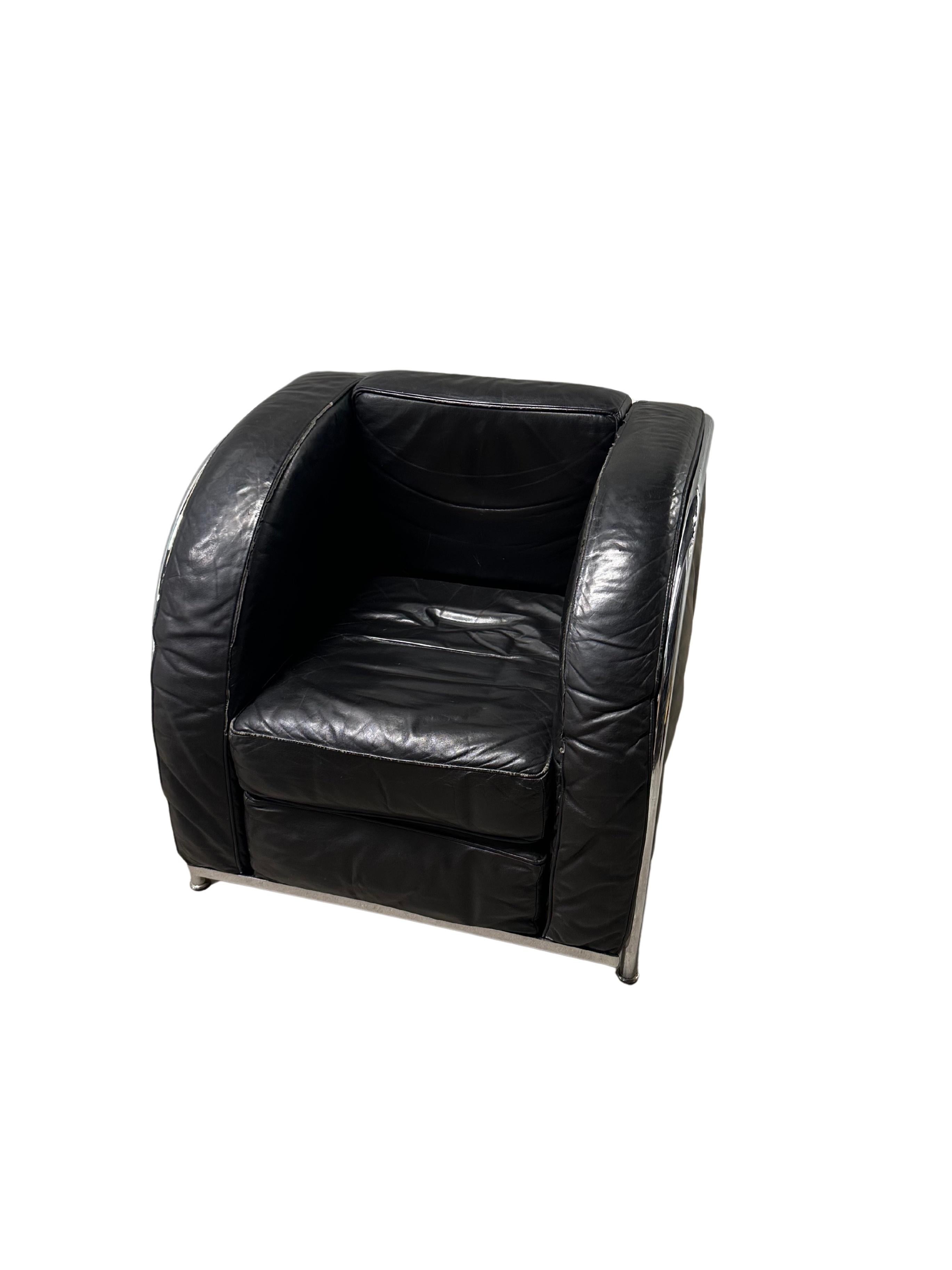 20th Century Pair of Art Deco / Corbusier Style Chrome and Leather Club Chairs For Sale