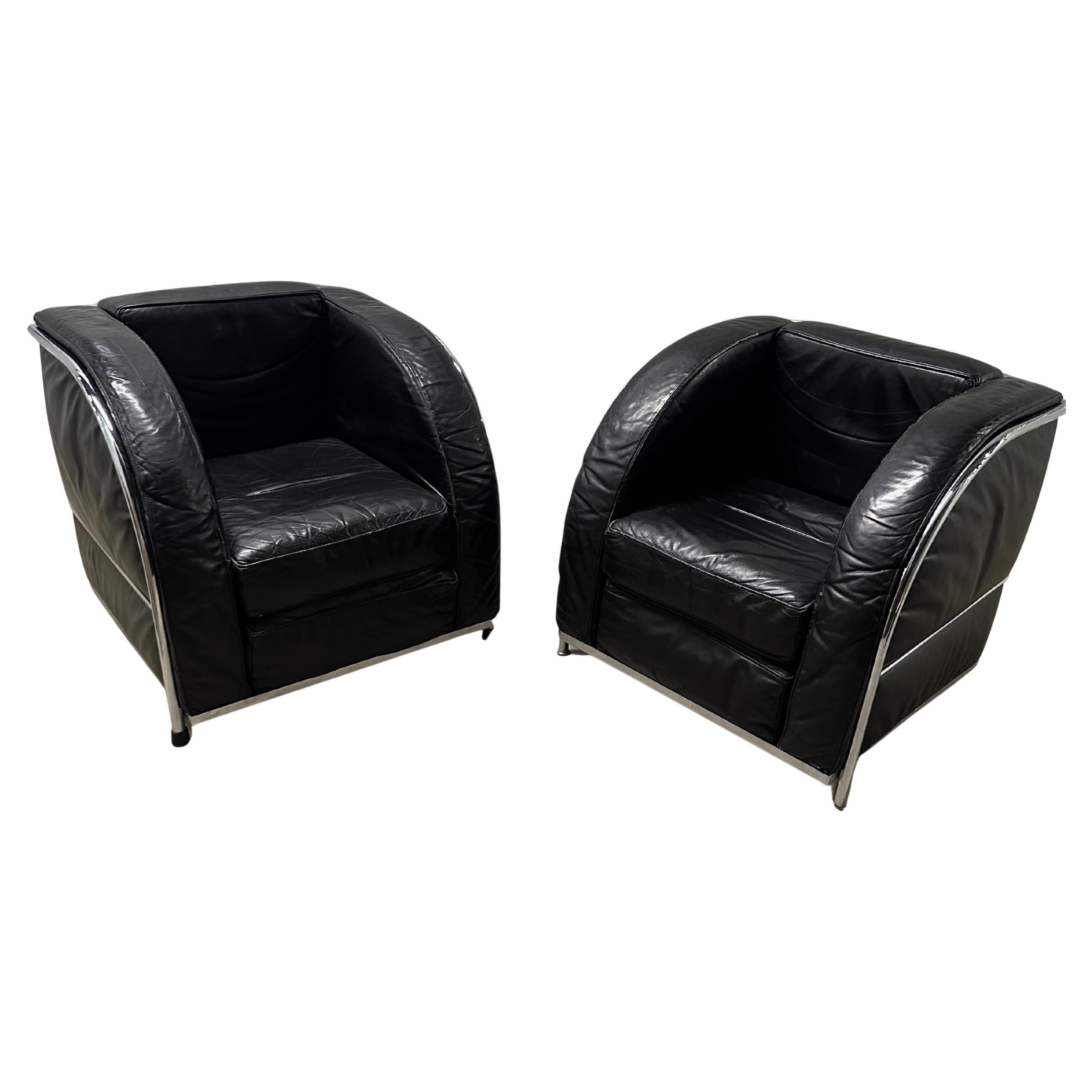 Pair of Art Deco / Corbusier Style Chrome and Leather Club Chairs