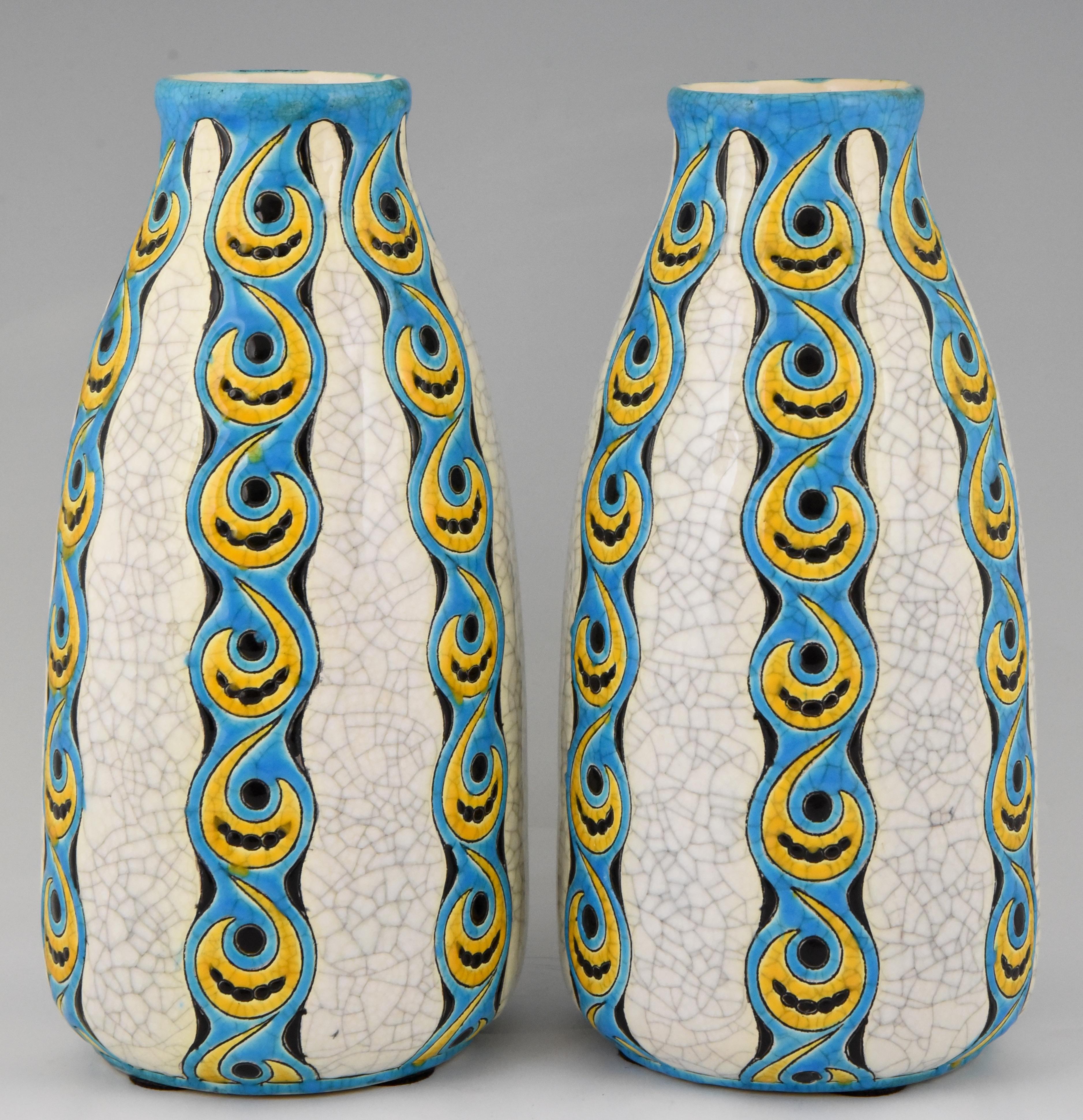 Belgian Pair of Art Deco craquelé vases by Charles Catteau for Boch Freres Belgium 1922
