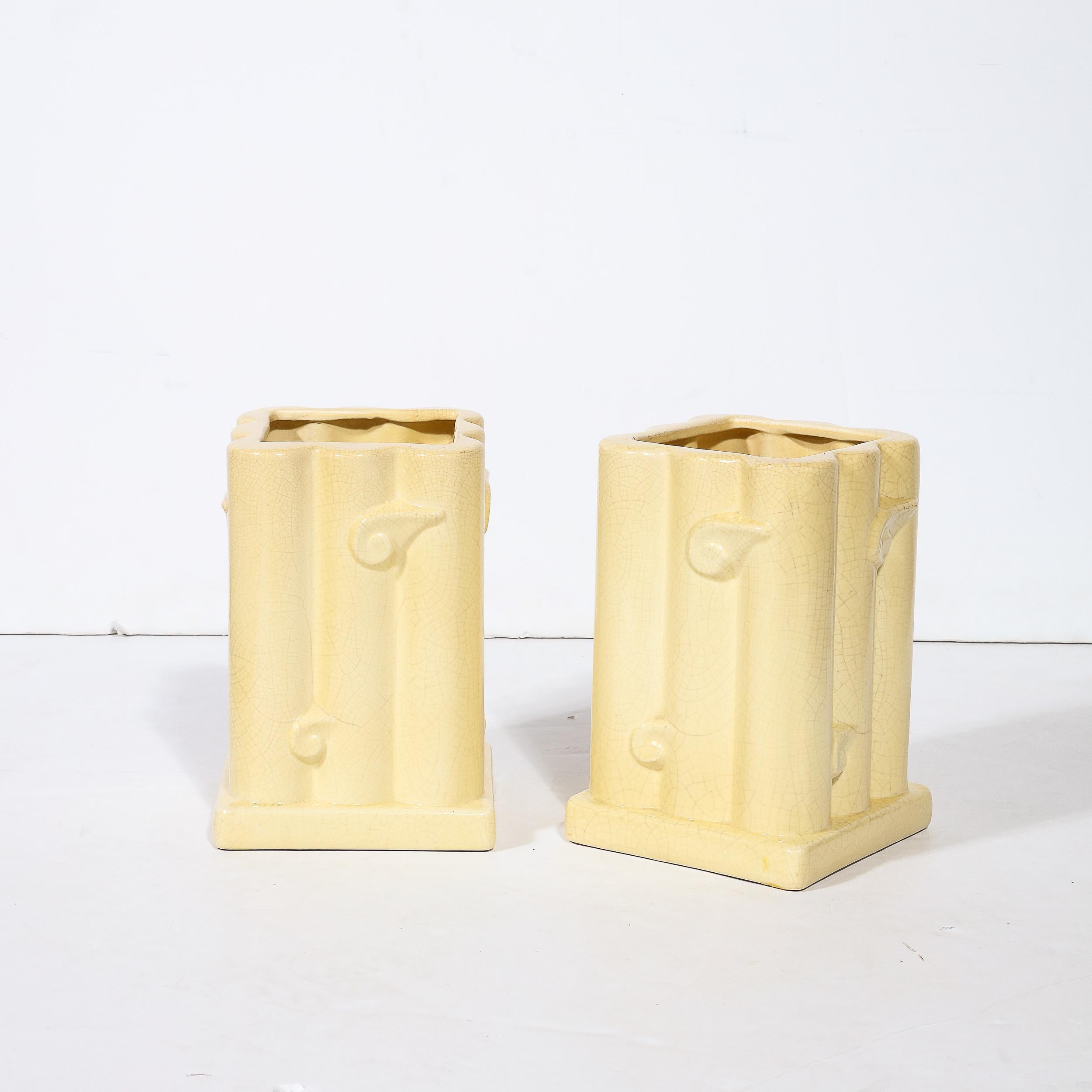 Belgian Pair of Art Deco Cream Ceramic Vases W/ Stylized Cloud Motif & Craqueleur Finish For Sale