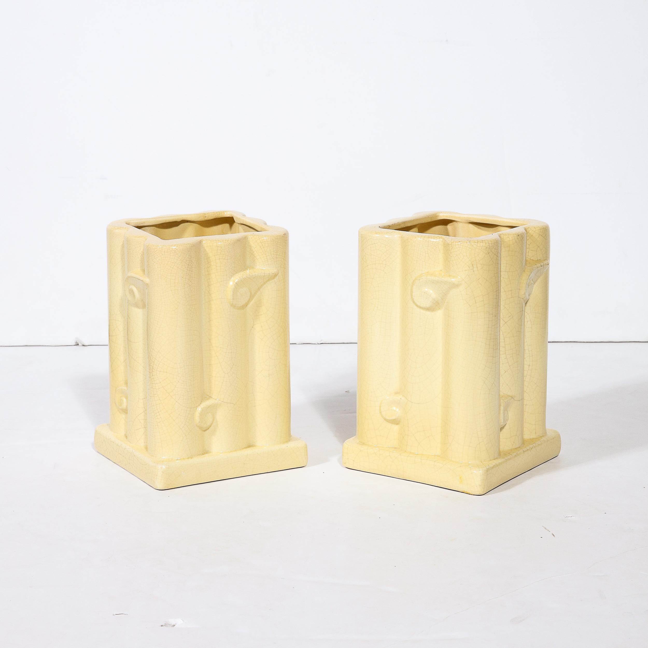 Pair of Art Deco Cream Ceramic Vases W/ Stylized Cloud Motif & Craqueleur Finish In Good Condition For Sale In New York, NY