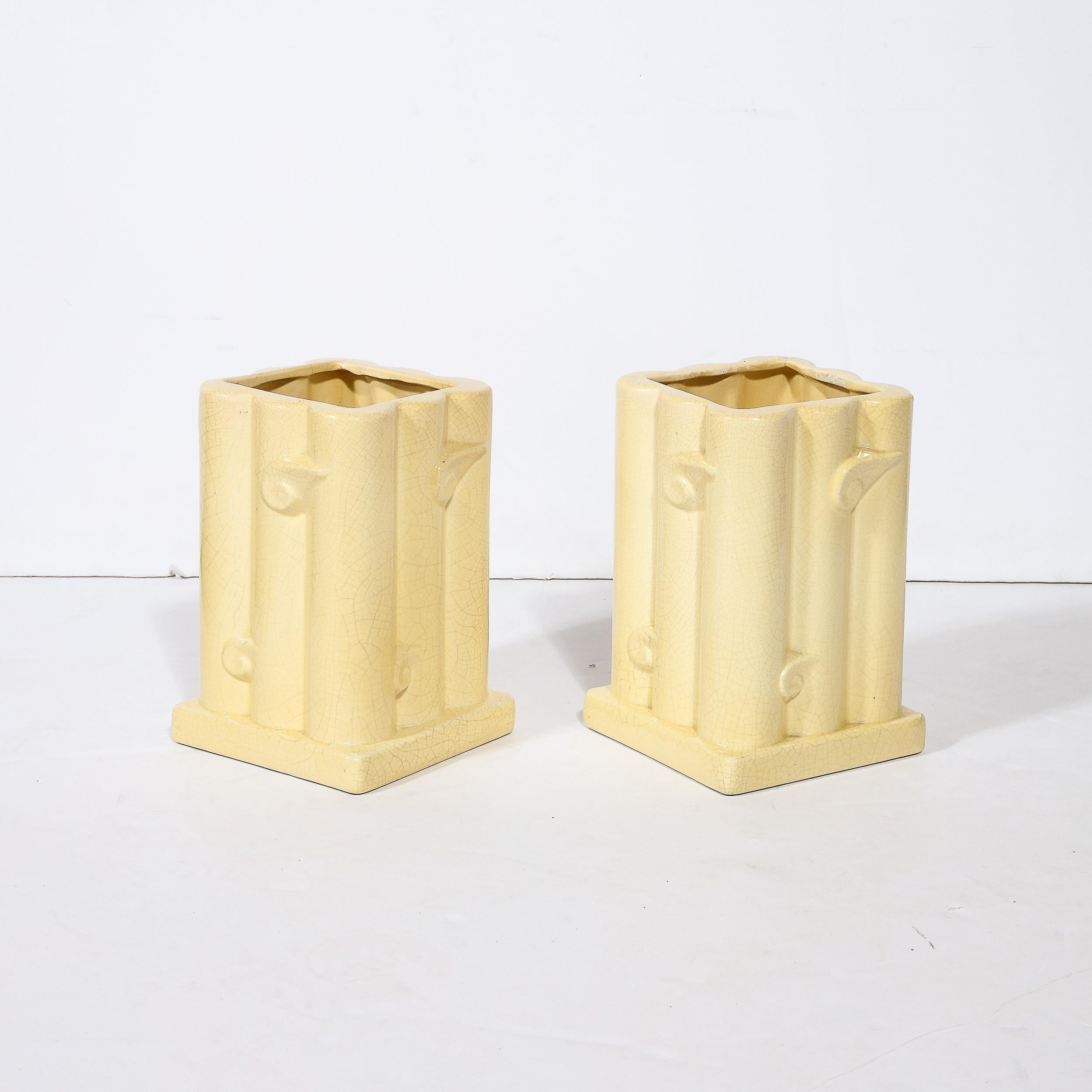 Pair of Art Deco Cream Ceramic Vases W/ Stylized Cloud Motif & Craqueleur Finish For Sale 1