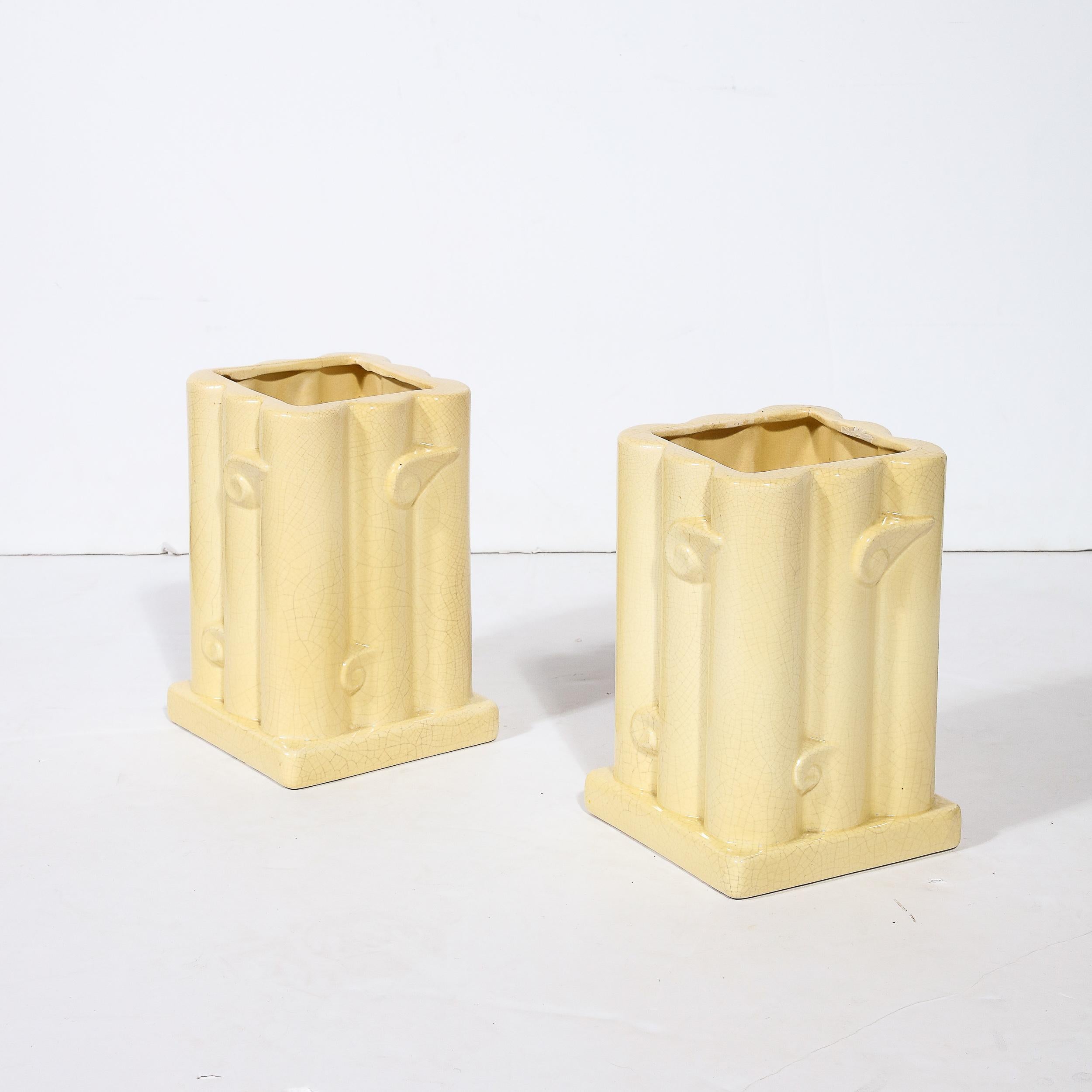 Pair of Art Deco Cream Ceramic Vases W/ Stylized Cloud Motif & Craqueleur Finish For Sale 2