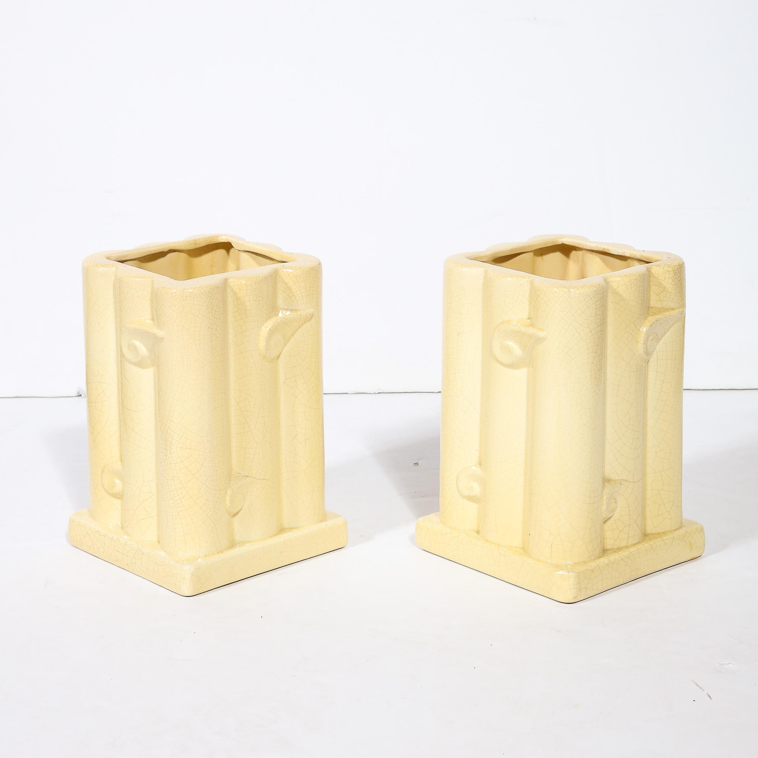 Pair of Art Deco Cream Ceramic Vases W/ Stylized Cloud Motif & Craqueleur Finish For Sale 4