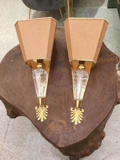 Pair of Art Deco Crystal and Gilt-Metal Sconces