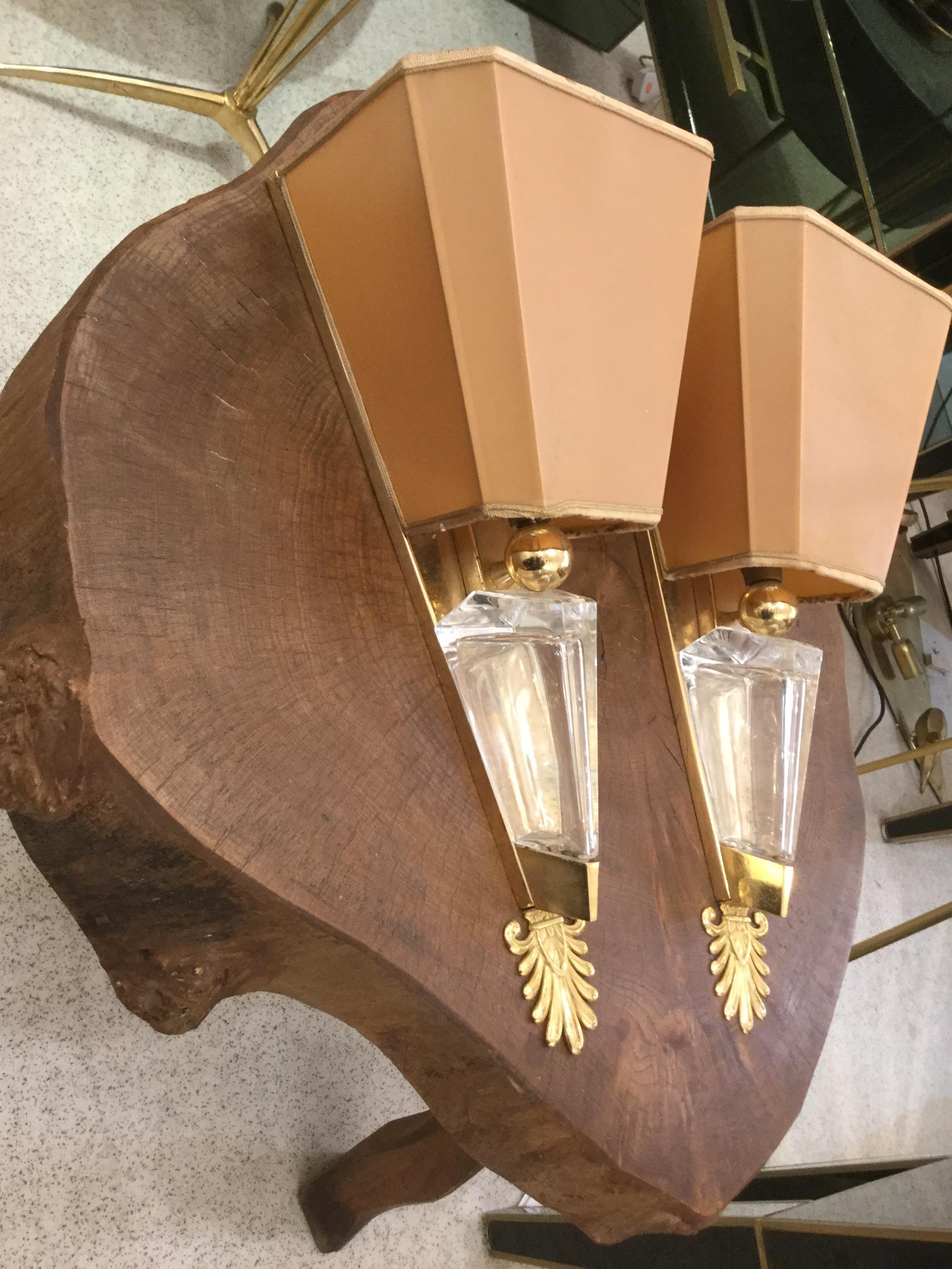 French Pair of Art Deco Crystal and Gilt-Metal Sconces For Sale