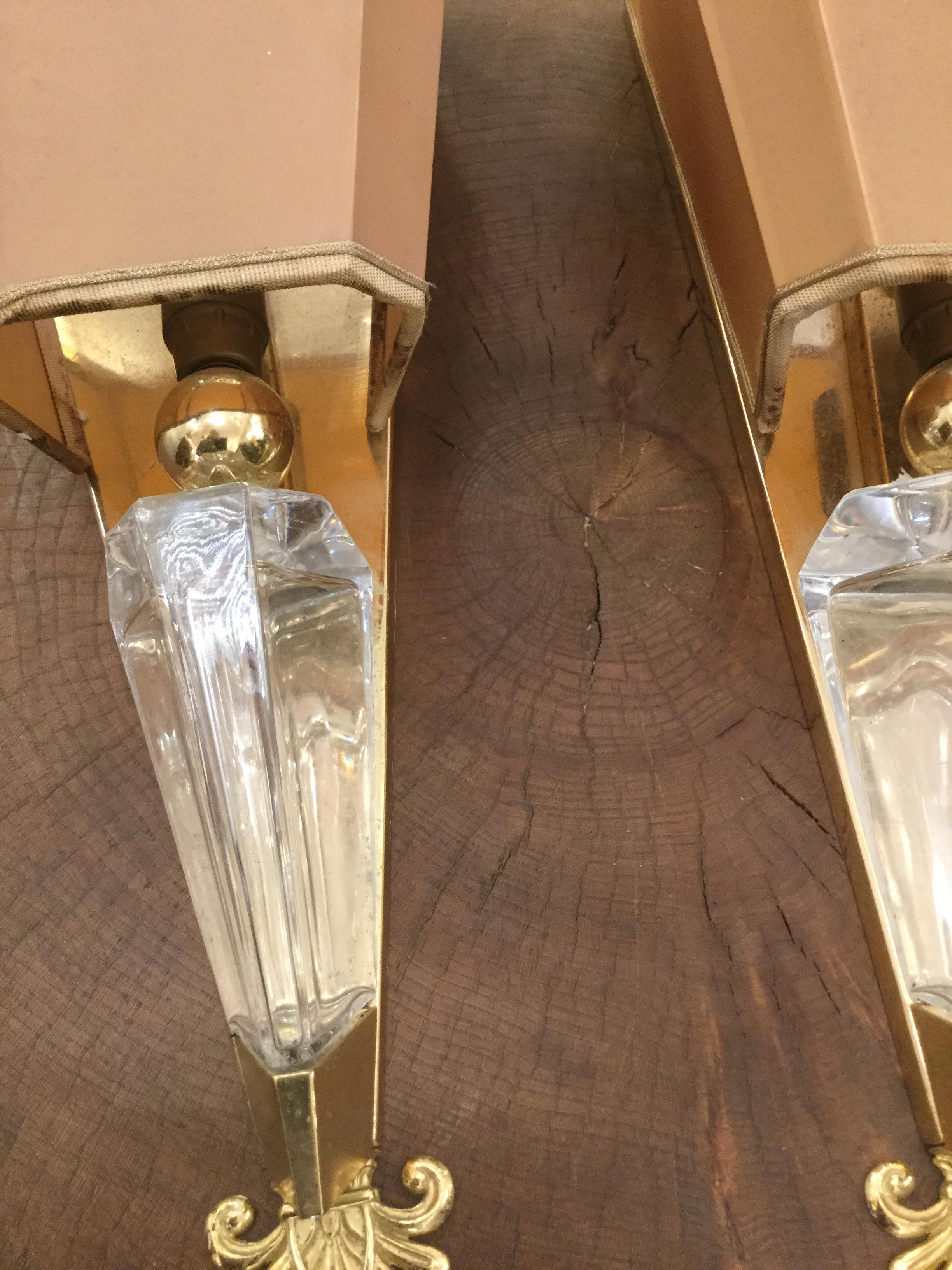 Beveled Pair of Art Deco Crystal and Gilt-Metal Sconces For Sale