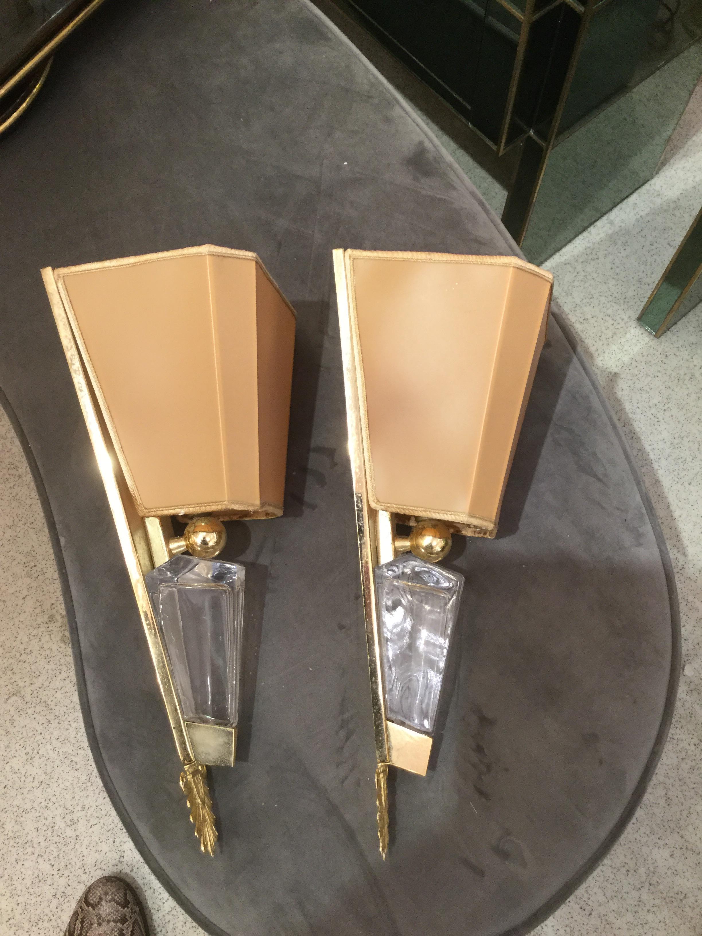Mid-20th Century Pair of Art Deco Crystal and Gilt-Metal Sconces For Sale