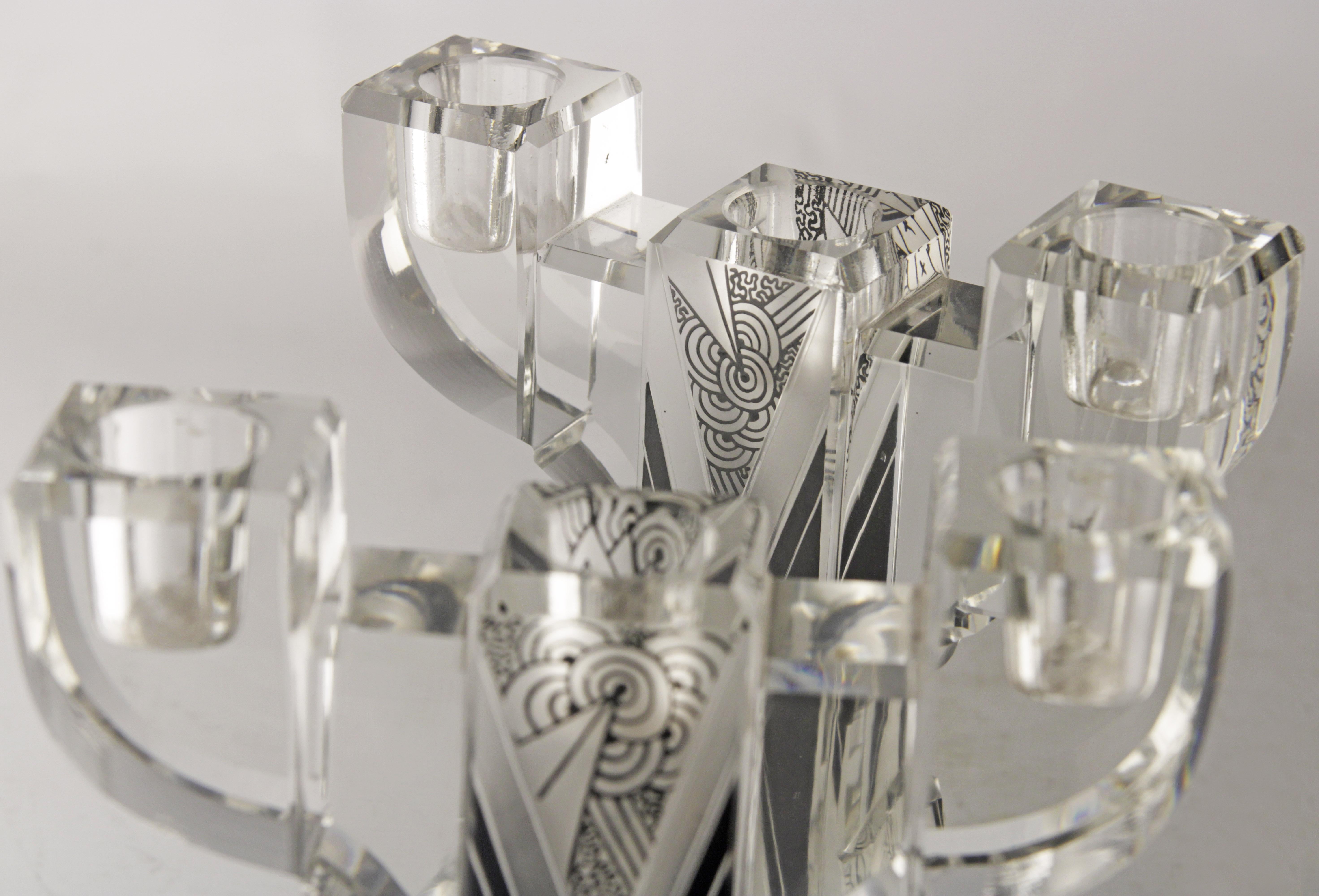Pareja de portavelas de cristal Art Déco Karl Pald Checo en venta