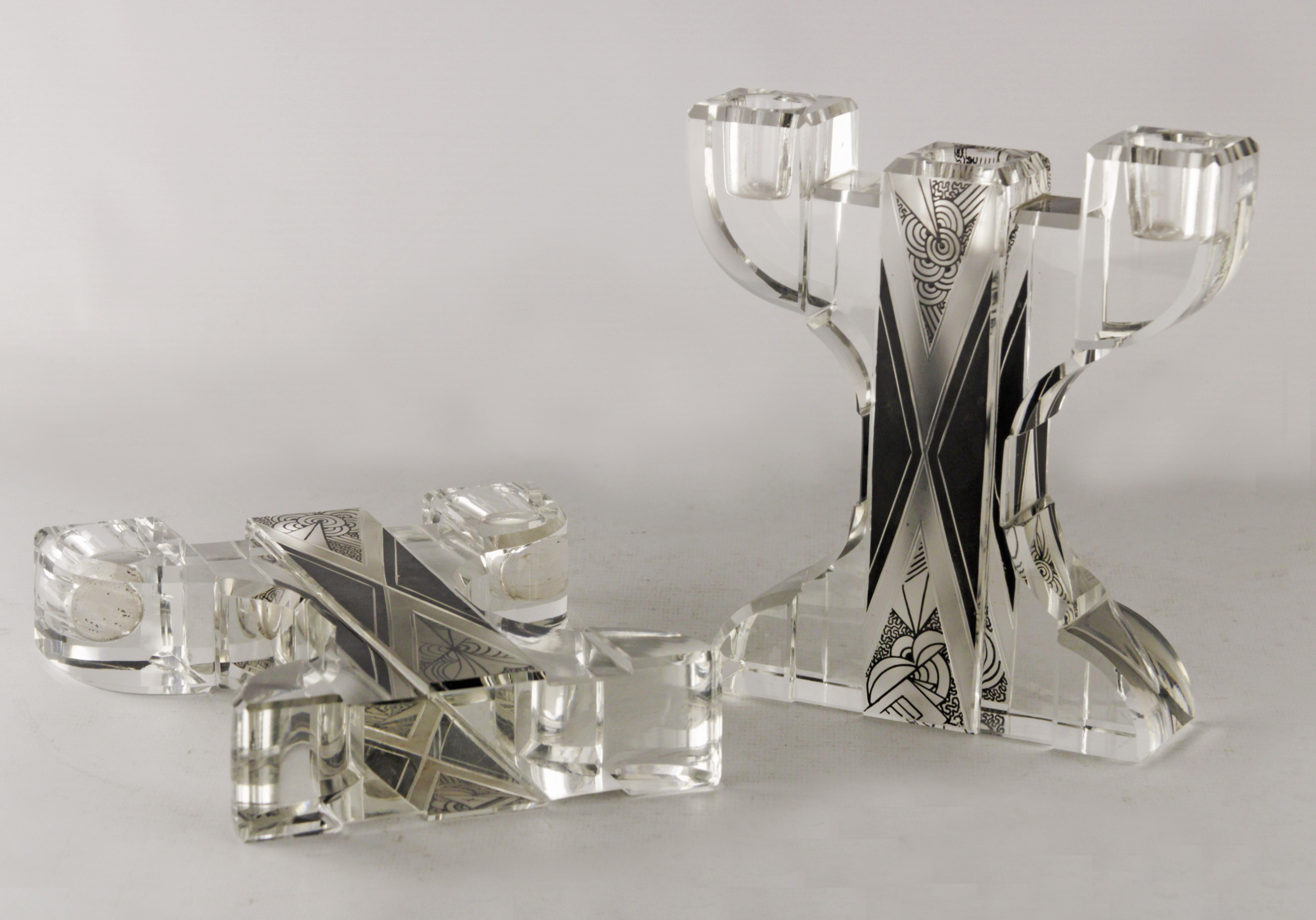 Mid-20th Century Pair of Art Deco Crystal Candle Holders Karl Pald For Sale