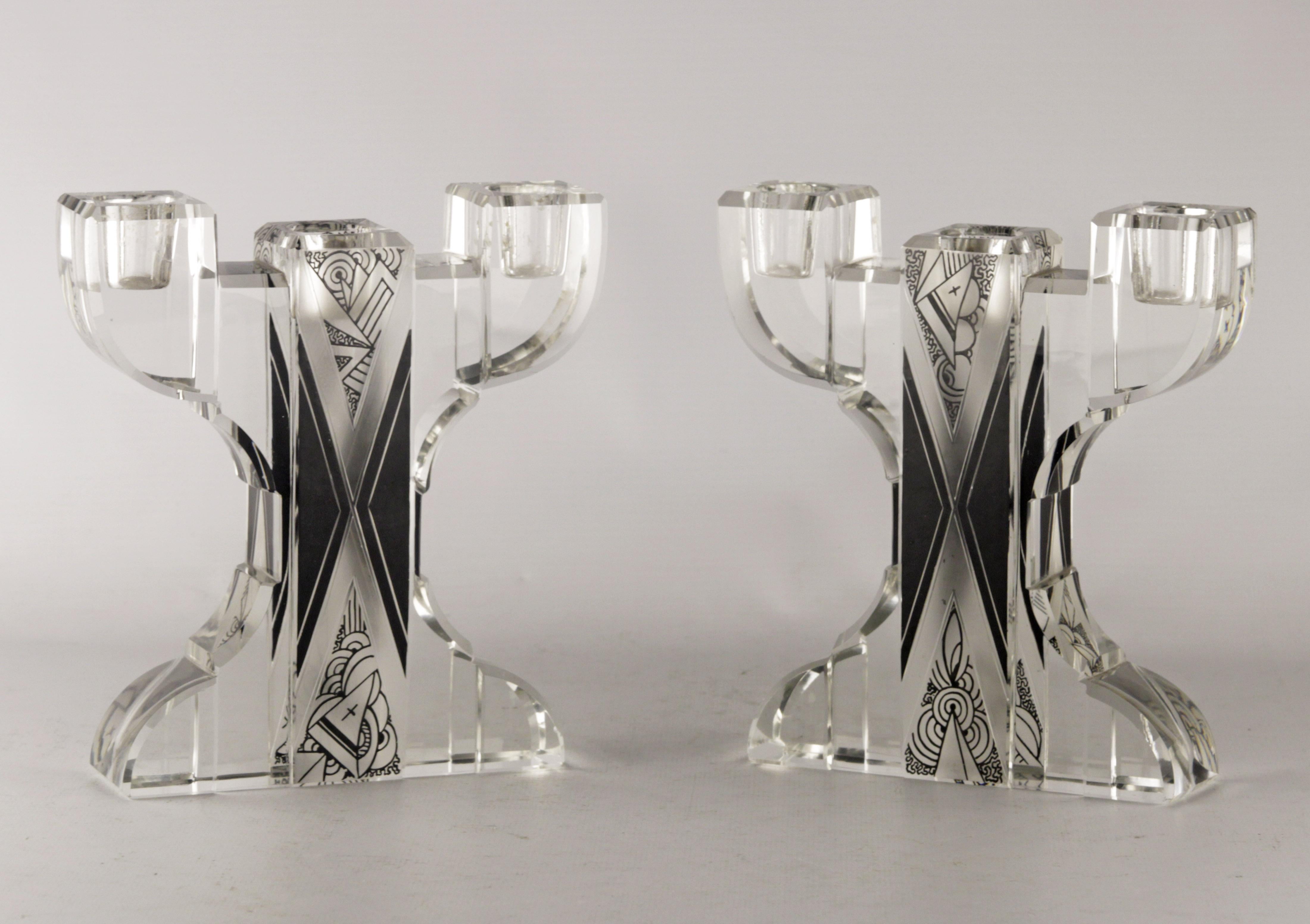 Enamel Pair of Art Deco Crystal Candle Holders Karl Pald For Sale