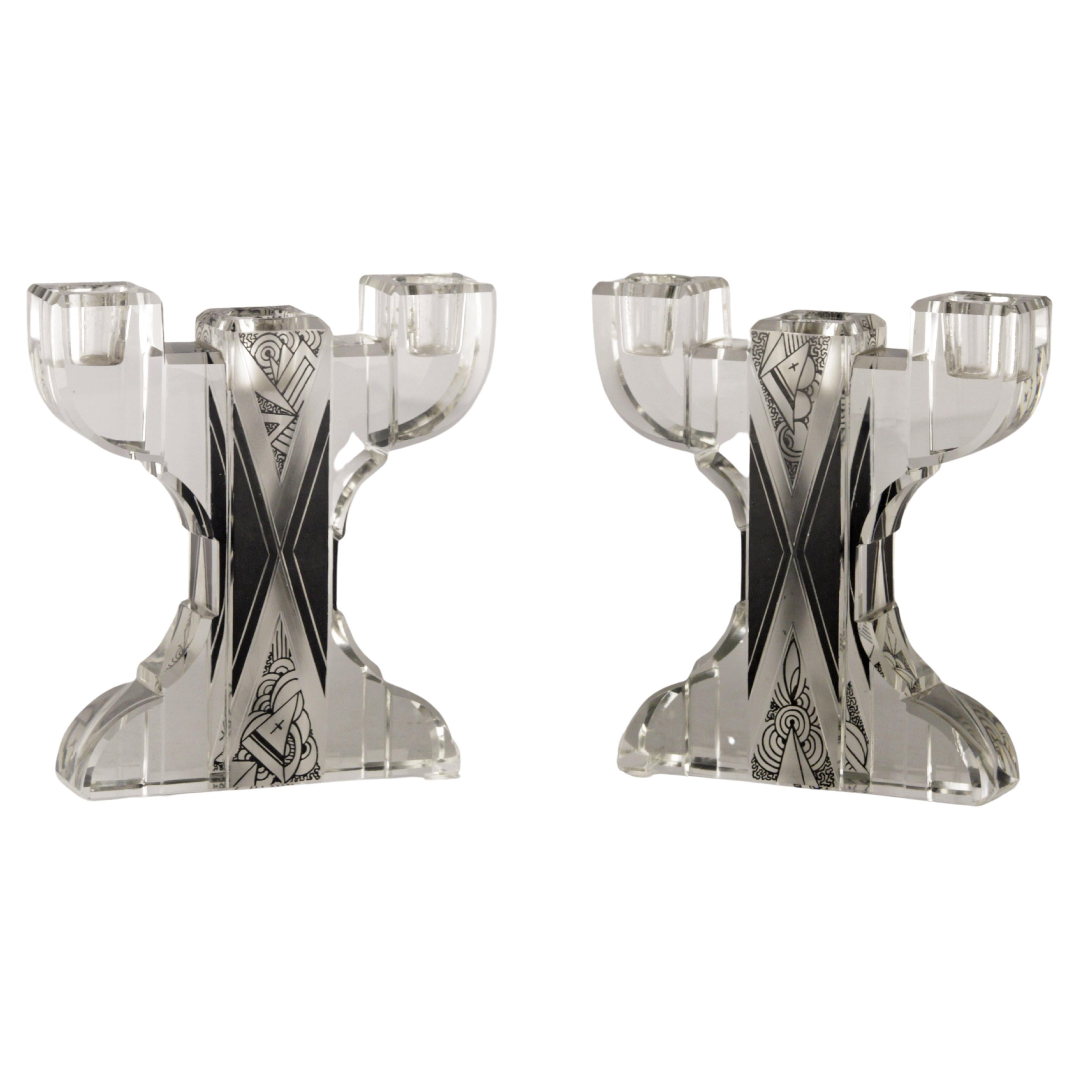 Pair of Art Deco Crystal Candle Holders Karl Pald For Sale