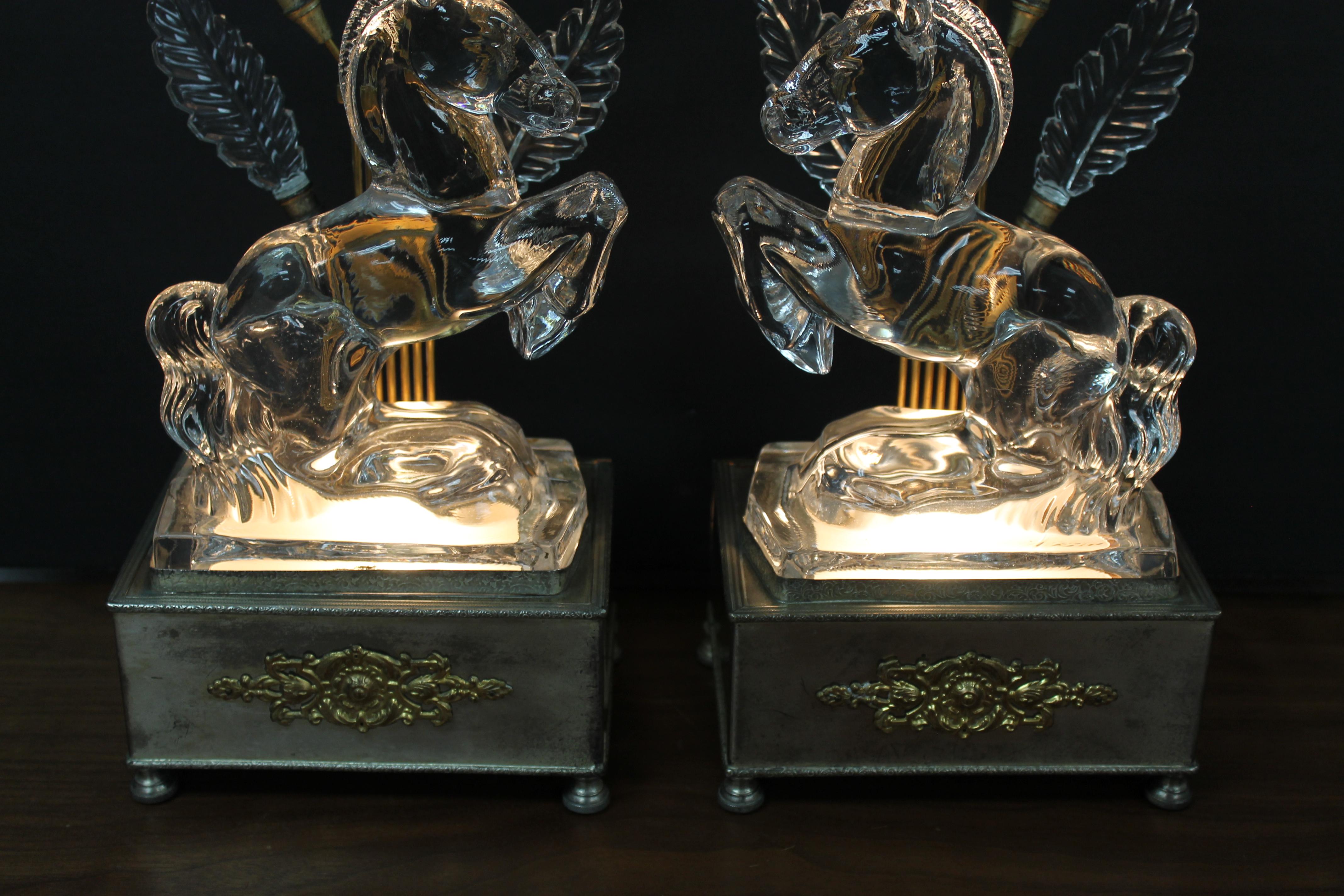American Pair of Art Deco Crystal Horse Lamps