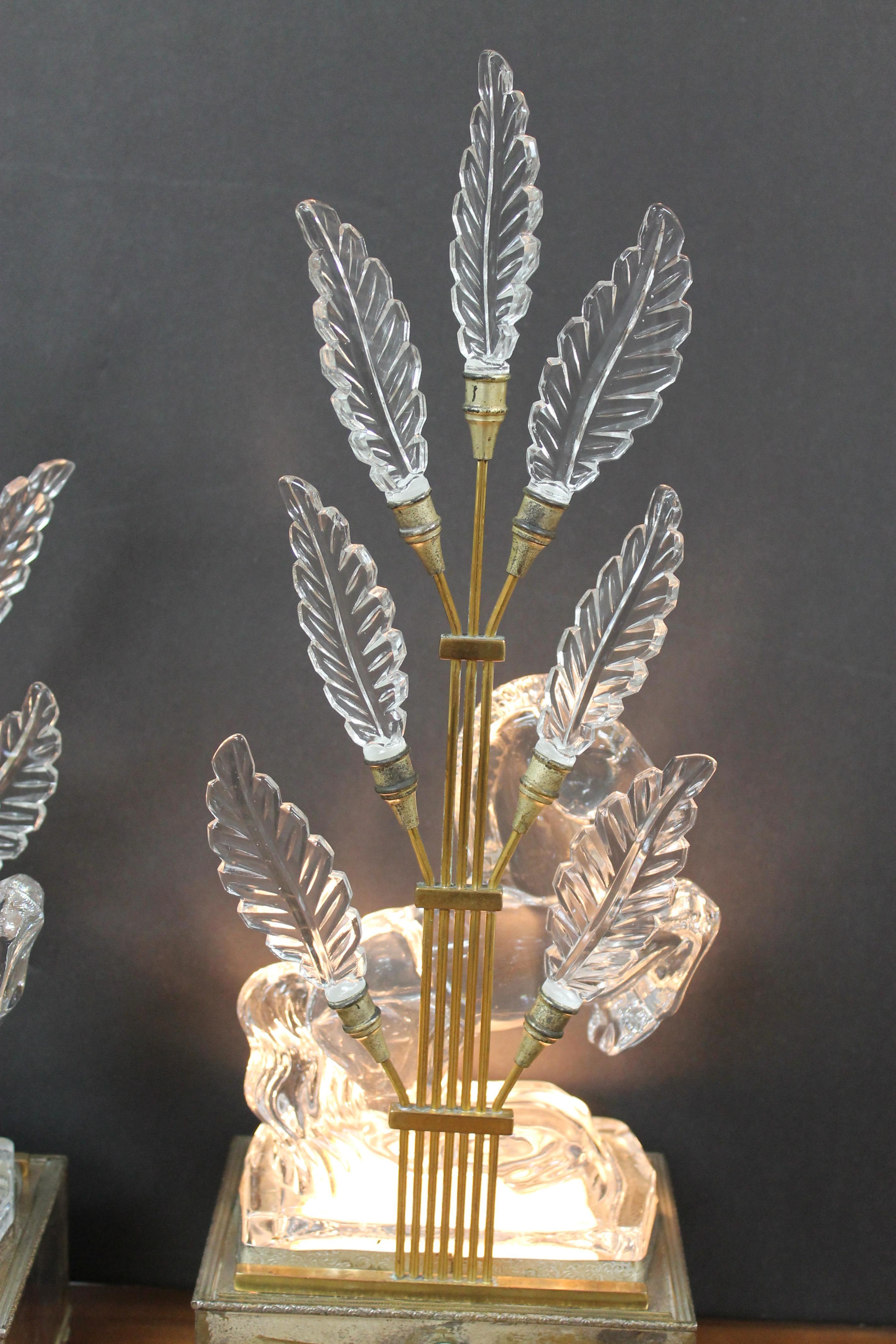 Brass Pair of Art Deco Crystal Horse Lamps