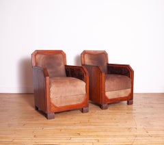 Pair of Cubist Club Chairs in Leather and Hide, 1920s