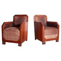 Pair of Cubist Club Chairs in Leather and Hide, 1920s