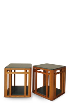 Pair of Art Deco Cubist Design Blue Lacquered Oak Bedside Tables / Lamp Tables