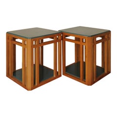 Pair of Art Deco Cubist Design Blue Lacquered Oak Bedside Tables / Lamp Tables